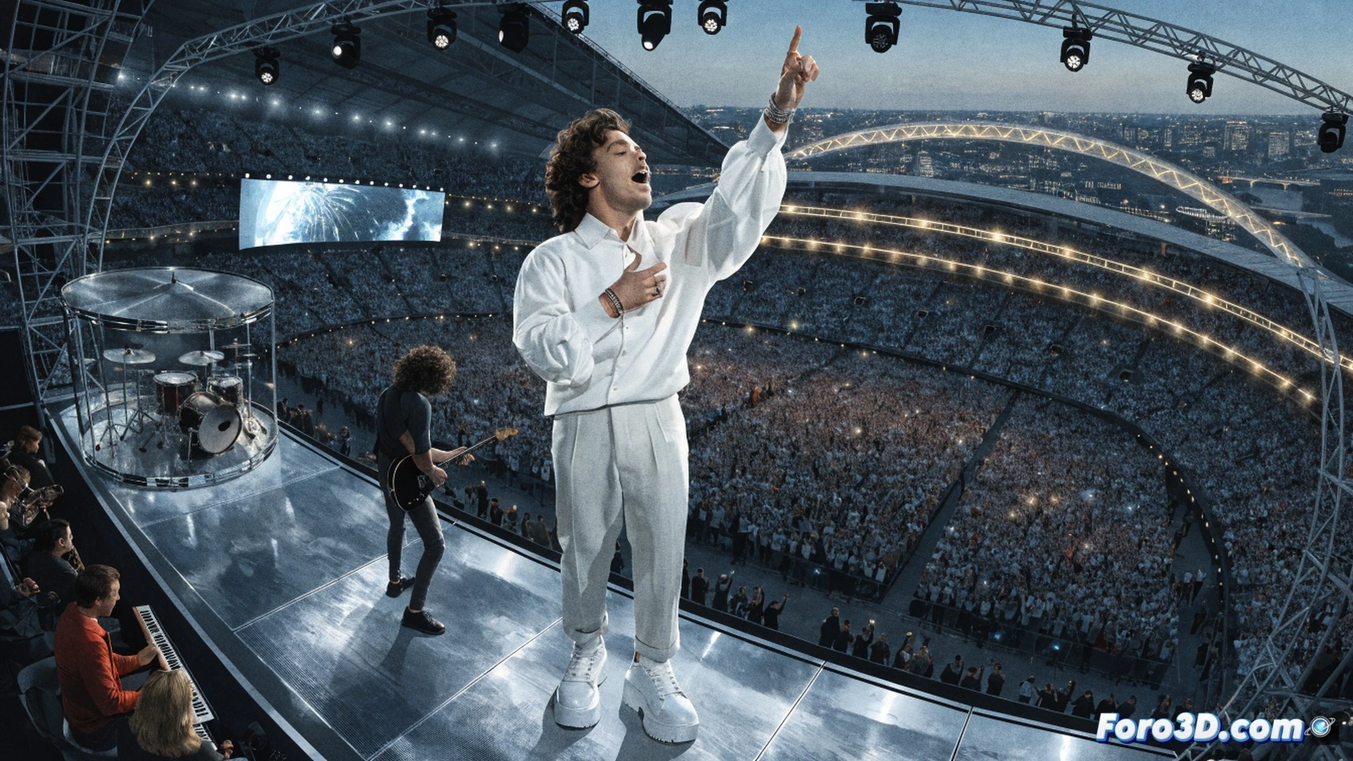 estadio Wembley abarrotado durante un concierto final, 80,000 asistentes levantando brazos y luces de teléfonos, escenario central con pantallas gigantes mostrando fuegos artificiales, micrófono en mano del cantante mientras agradece al público, confeti cayendo sobre la multitud, estructura metálica del estadio iluminada por reflectores, cables de sonido y consolas de mezcla visibles en laterales, ingenieros de sonido ajustando equipos durante la actuación, estilo cinematográfico con profundidad de campo, tonos azules y dorados vibrantes, photorealistic technical render, acción de celebración masiva
