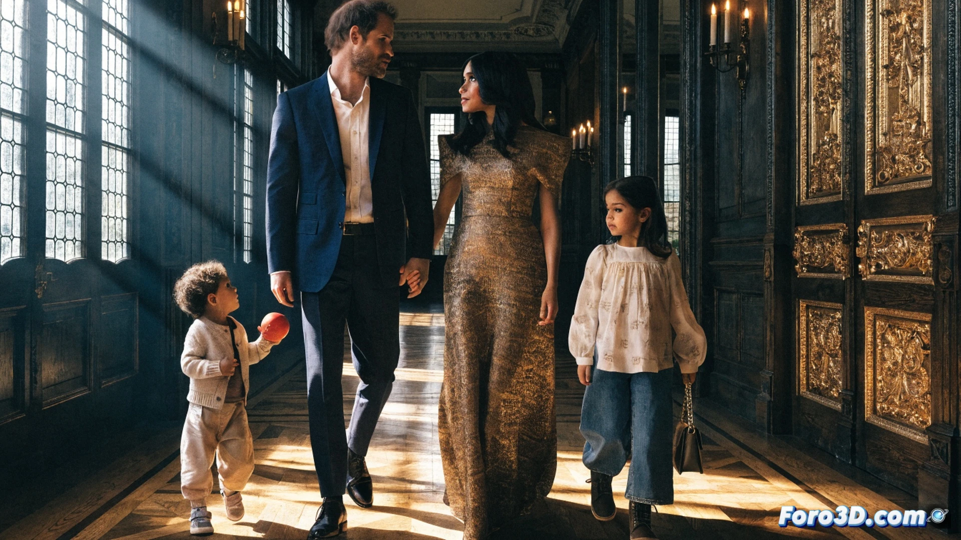 royal family members standing on a marble palace staircase, Prince Harry and Meghan Markle walking upward while King Charles III extends a hand from the top, two young children holding suitcases near a vintage Land Rover in the driveway, palace guards in ceremonial red uniforms standing at attention, British flag waving in wind, cinematic photorealistic render, dramatic golden sunset lighting, tension visible in body language, detailed stone architecture, polished brass railings, shadows stretching across steps, ultra-realistic textures, royal residence setting