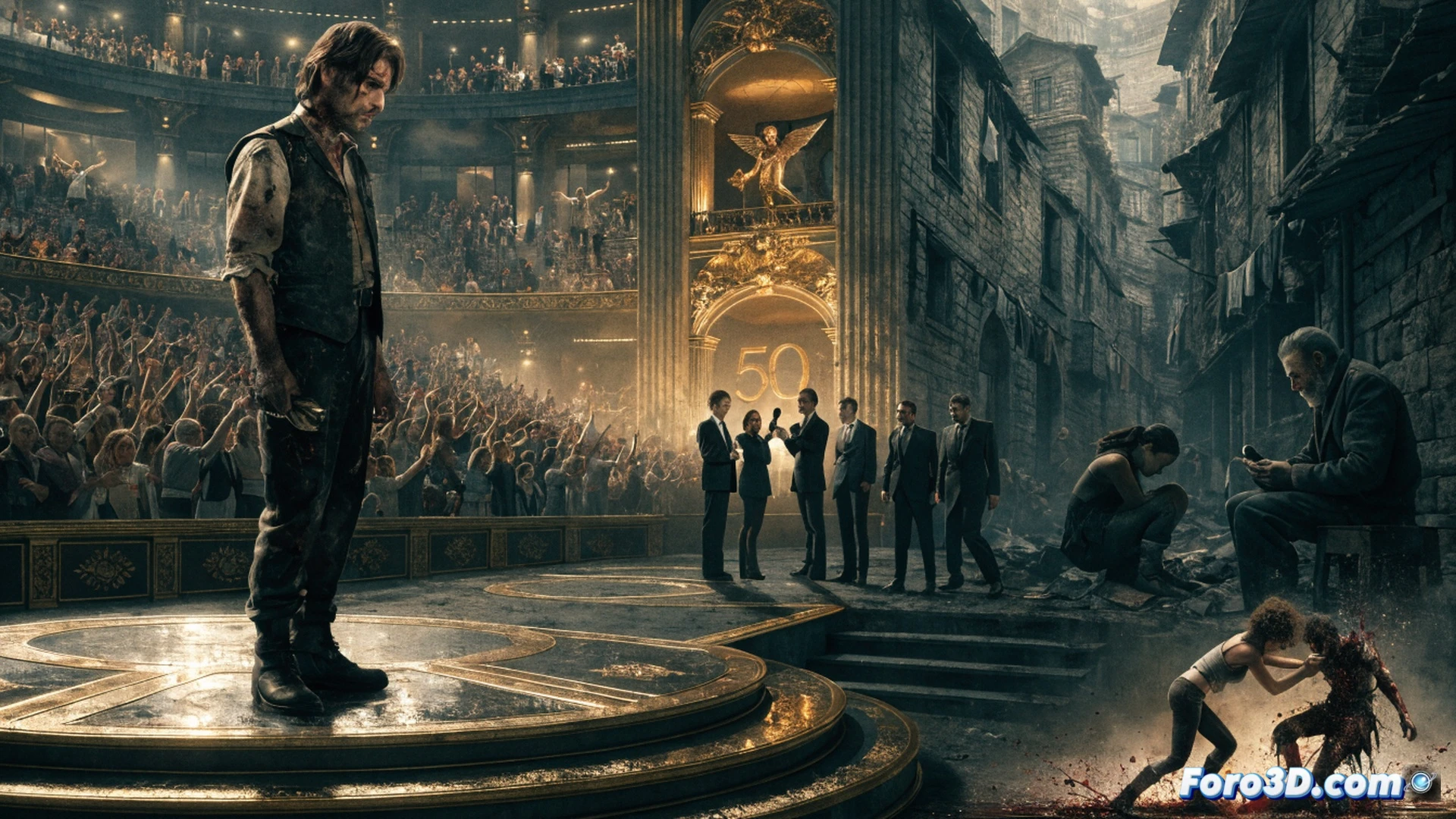 young man in worn grey jacket standing on a stone podium in rain, arms raised in desperate victory, arena floor littered with twisted metal swords and shattered force field panels, glowing holographic screens showing Capitol logos flickering overhead, cinematic photorealistic style, dark storm clouds, bloodstained grass, broken tribute armour pieces, dramatic low-angle perspective, wet fabric clinging to body, harsh white spotlight cutting through gloom, ultra-detailed texture on concrete and metal, emotional dystopian atmosphere