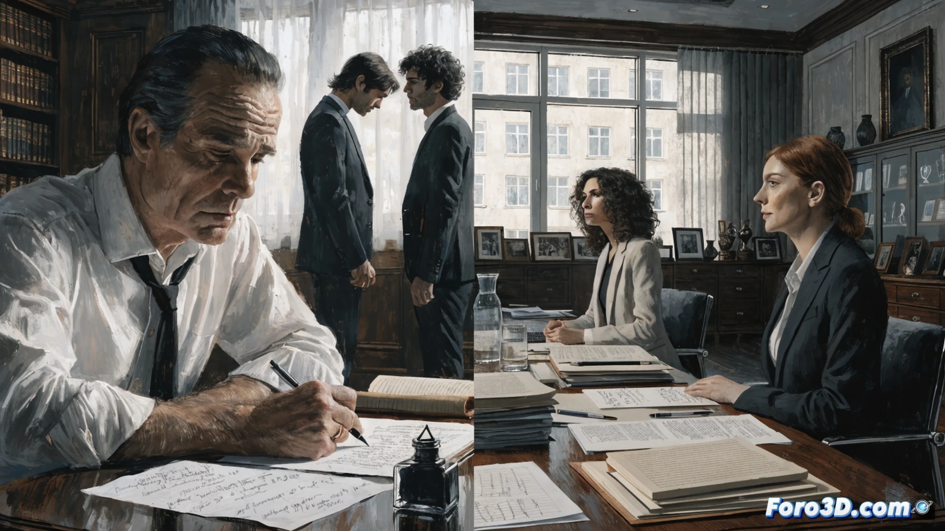 family therapy session in a minimalist clinical office, a psychiatrist holding a legal document while turning away from two seated men, one man gesturing toward an inheritance diagram on a tablet, the other man crossing his arms defensively, a glass wall reflecting a foundation blueprint model on a conference table, digital family tree projection on the wall showing cracks and diverging branches, cold blue clinical lighting contrasting with warm desk lamp, cinematic photorealistic style, tense body language, sharp focus on the psychiatrist’s neutral expression, legal paperwork and medical stethoscope visible on the desk, ultra-detailed textures of leather chairs and wooden floor, dramatic shadows emphasizing emotional distance