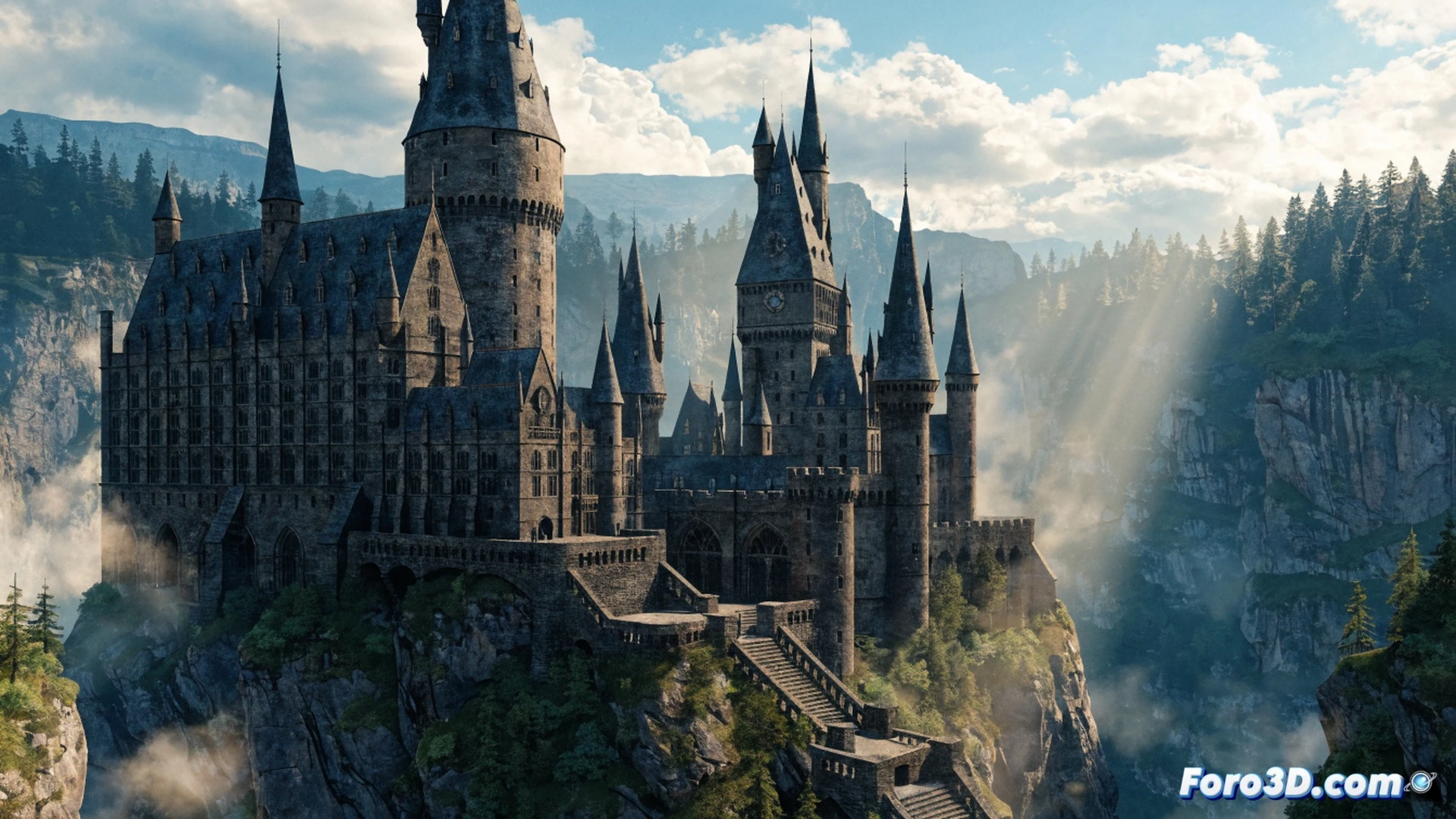 Hogwarts castle interior during a magical construction process, scaffolding made of enchanted stone floating around towers, PBR stone textures with volumetric light beams cutting through dust, fabric simulation of a wizard cape billowing from a levitating character, Unreal Engine 4 wireframe overlay visible on one wall showing polygon density, candles casting real-time dynamic shadows, engineering visualization style, photorealistic architectural render, dramatic blue and amber lighting, ultra-detailed gothic stonework