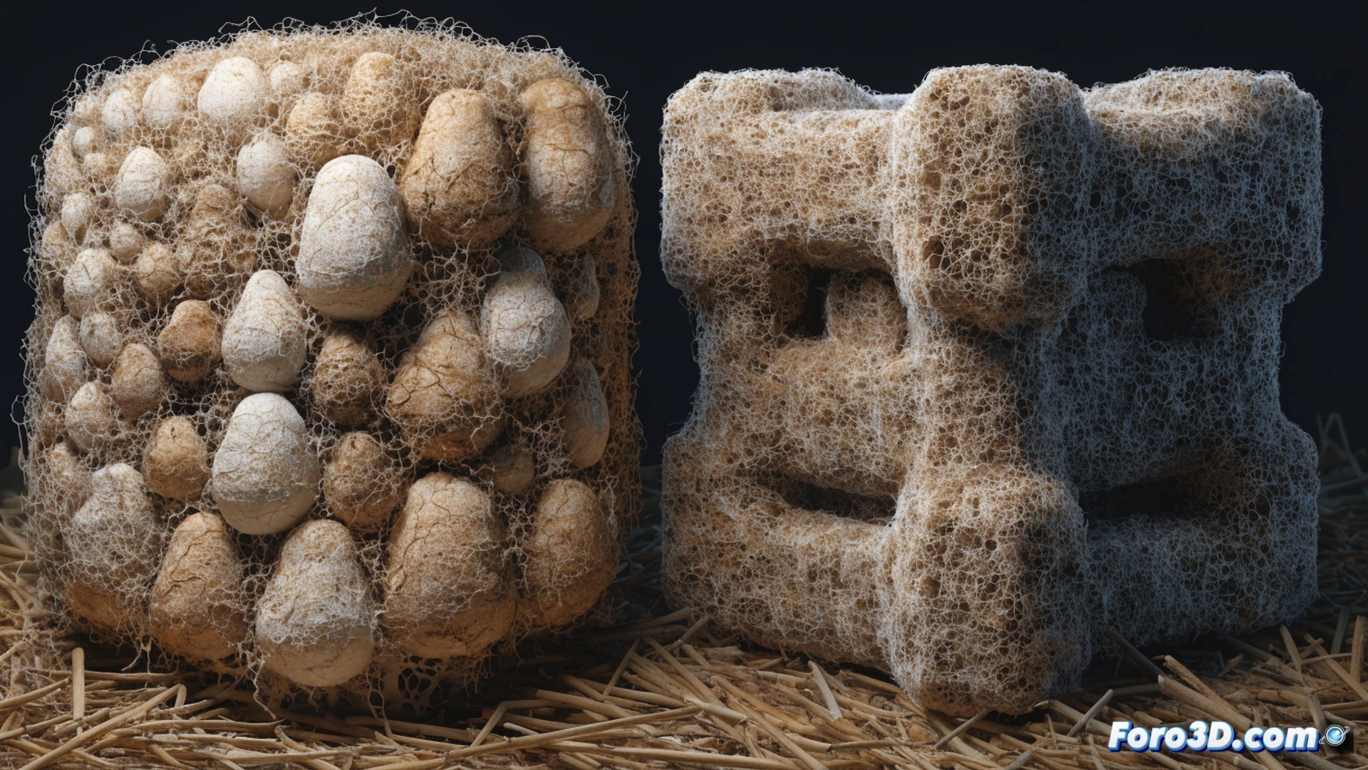 mycelium packaging cultivation process, agricultural straw fibers being colonized by white fungal mycelium in a custom mold, worker wearing sterile gloves placing molded biofoam around a delicate electronic component for shipping, industrial grow room with shelving units showing trays of growing packaging, technical engineering visualization, cross-section view revealing fibrous internal structure, soft organic textures contrasting with rigid electronic parts, cool LED grow lights casting directional shadows, sterile environment with HEPA vents visible, photorealistic biotech facility render