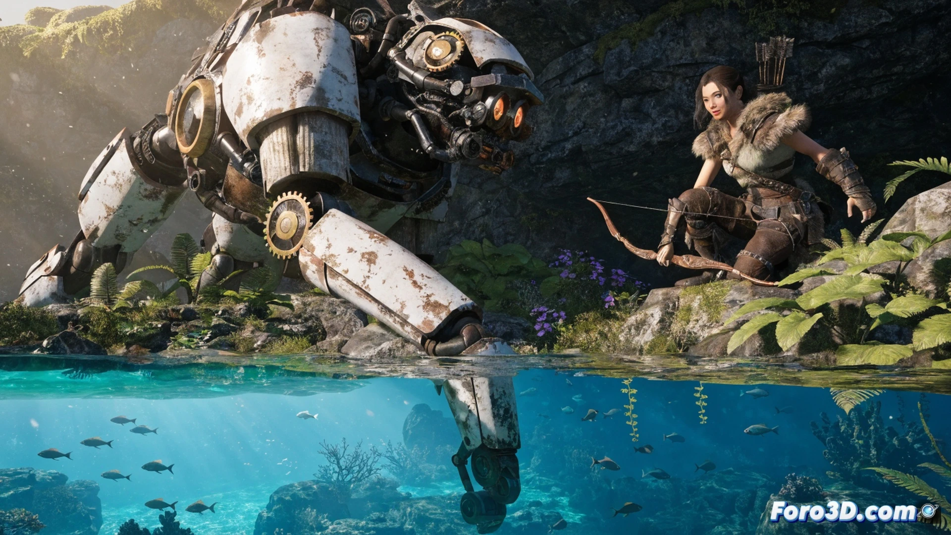 dense jungle of mechanical dinosaurs in Horizon Forbidden West, Aloy running through tall grass while each blade bends under her steps, a massive robotic mammoth crushing ancient ruins, its interlocking gears and hydraulic pistons exposed during mid-stride, underwater cavern with realistic light refraction and floating particles, Decima Engine wireframe overlay showing real-time polygon distribution, cinematic photorealistic technical illustration, dramatic sunset lighting, volumetric fog, ultra-detailed foliage physics, glowing blue machine eyes, dynamic water caustics, engineering visualization style