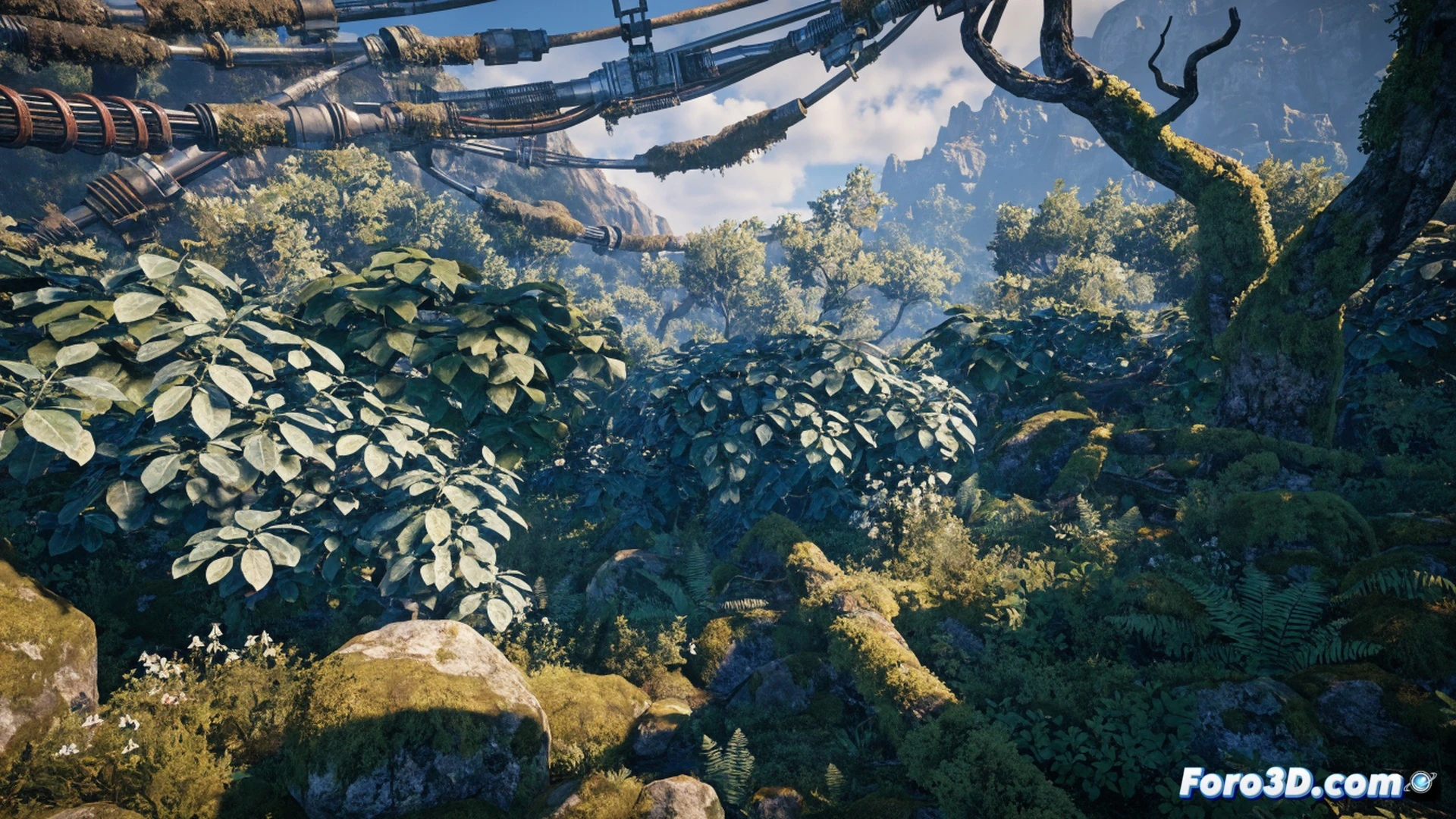 lush underwater and terrestrial vegetation densely overlapping in a jungle river scene, robotic serpentine creature with glowing blue cables and mechanical tendons being stretched taut during a physics simulation, water droplets and plant leaves reacting to the creature's movement, ultrawide 32:9 aspect ratio frame, Decima Engine real-time rendering, photorealistic technical illustration, dynamic action showing tension in robotic ropes and swaying foliage, dramatic natural lighting with subsurface scattering on leaves, hyper-detailed textures without compression artifacts, cinematic engineering visualization