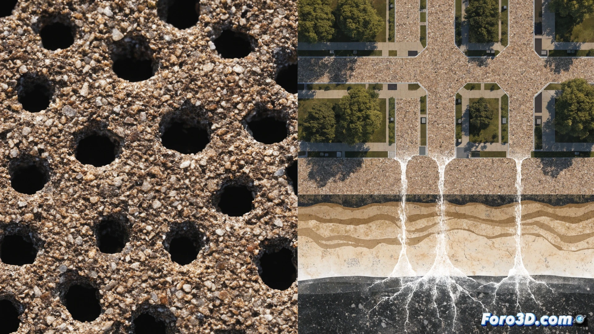 cross-section of permeable pavement with rice husk ash concrete, rainwater flowing directly through porous surface into underground aquifer, labeled layers showing structural concrete mix with visible rice husk particles, water droplets penetrating aggregate voids, urban street scene during rainfall, engineering visualization with cutaway view, blue water pathways highlighted, grey porous concrete texture, agricultural waste integration, photorealistic technical illustration, cinematic lighting with rain streaks, detailed pore structure, environmental drainage system demonstration
