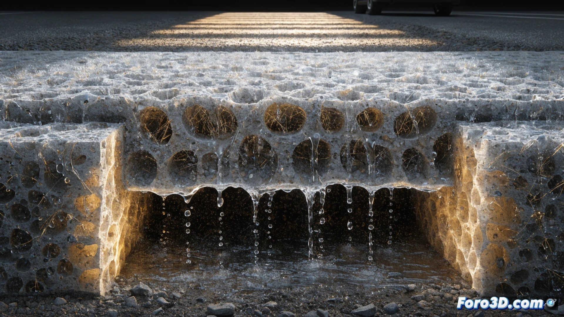 cross-section of permeable concrete pavement with recycled glass fibers visible inside the porous matrix, rainwater flowing vertically through the material while a light utility vehicle drives safely on top, cutaway view exposing internal structure of interconnected voids and glass fiber strands reinforcing the concrete, technical engineering illustration, photorealistic material texture, blue water droplets infiltrating through gray concrete layers, bright daylight outdoor scene, sharp focus on fiber-reinforced pore network, cinematic depth of field, clean urban street context with trees in background