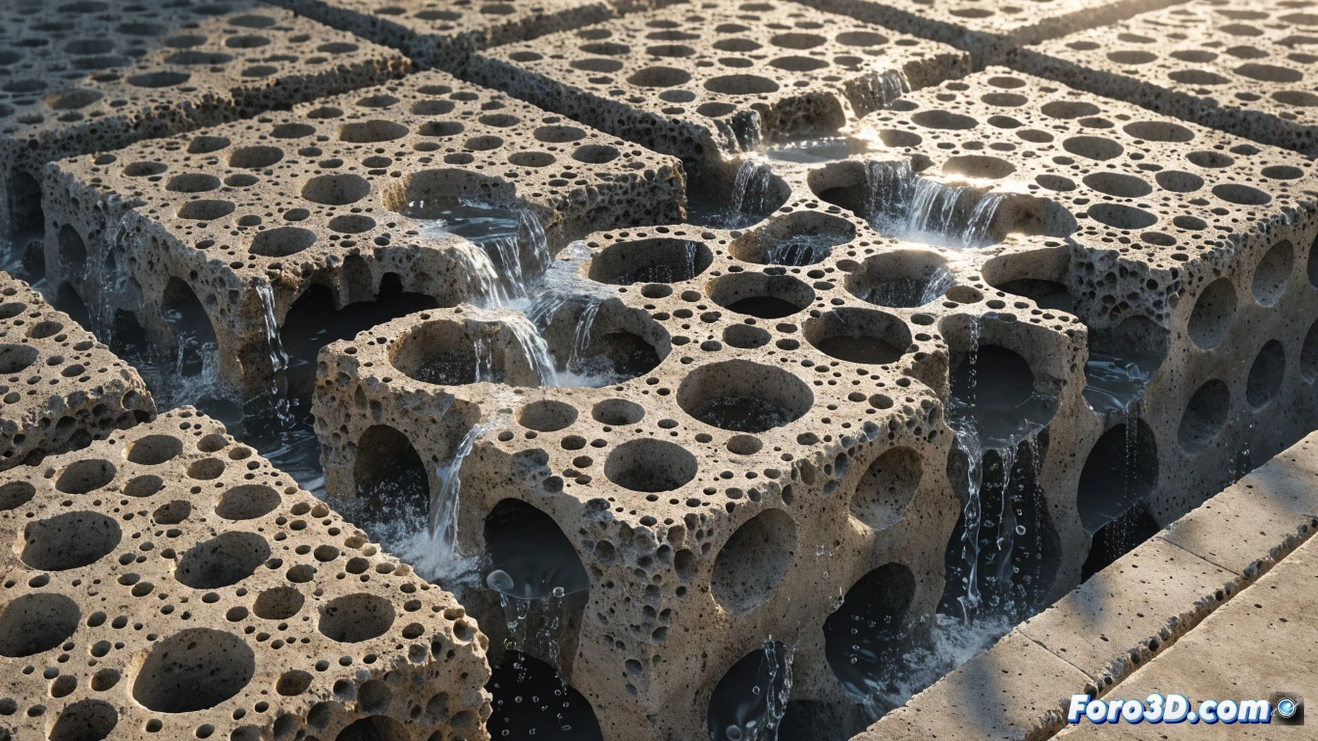 cross-section of porous concrete pavement during heavy rain, water streaming through interconnected voids into gravel subbase layer below, cutaway view revealing engineered pore structure, measuring cylinder collecting filtered water showing high flow rate, technical engineering visualization, photorealistic render, wet dark grey concrete texture, bright droplets sparkling, dramatic storm lighting with dark clouds above, detailed aggregate particles visible, drainage layer with crushed stones, ultra-realistic material surfaces, cinematic industrial style