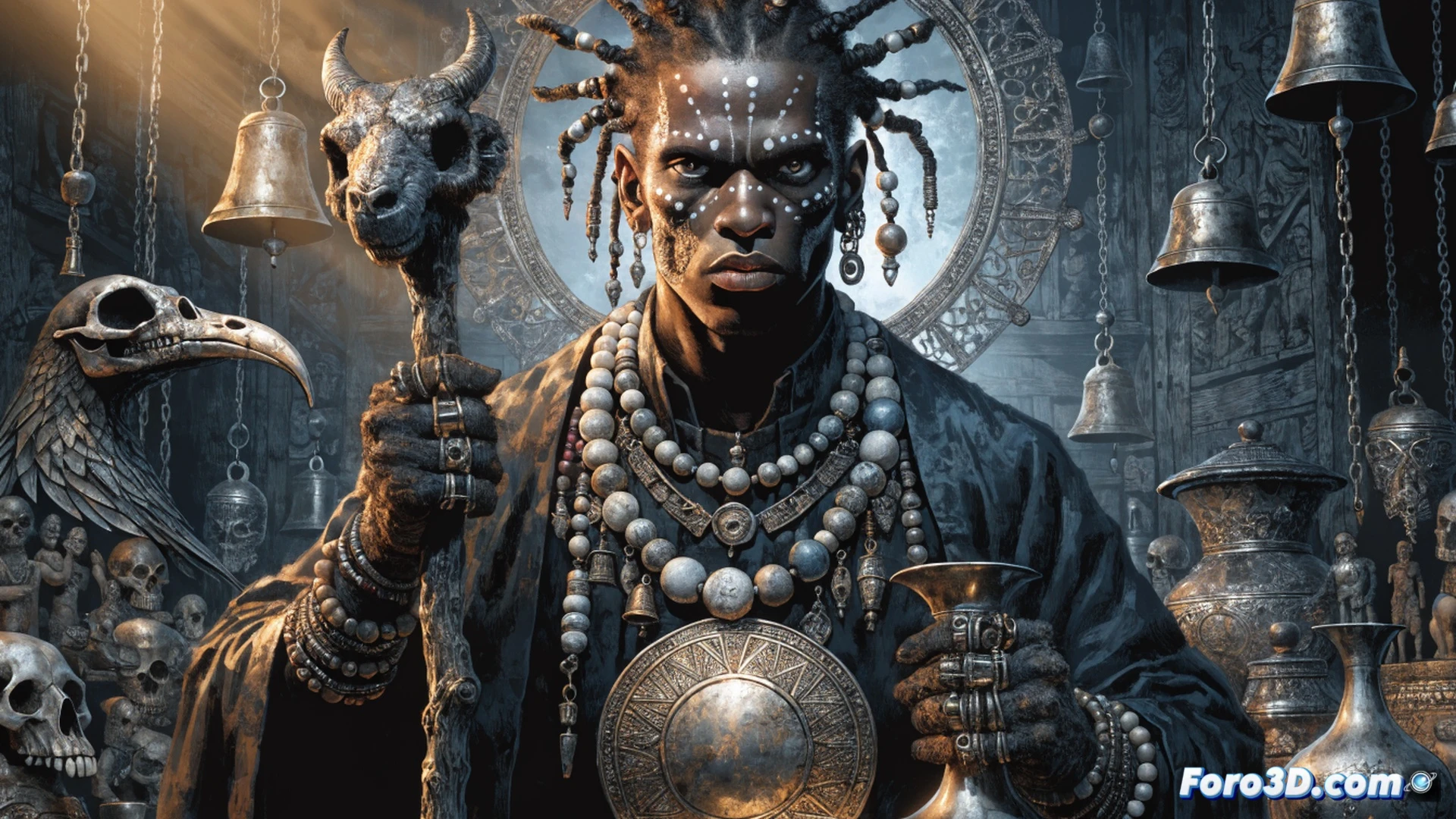 voodoo priest Houngan casting a glowing yellow energy spell from his hands, standing in a dark alley with Justice League members Batman and Wonder Woman visible in the background shadows, his ritual staff with snake carvings and dangling bones raised during incantation, mystical smoke swirling around his arms, comic book art style with high contrast shadows and vibrant magic light, dynamic action pose demonstrating his spellcasting process, gritty 1980s comic aesthetic, dramatic chiaroscuro lighting on his ceremonial robe and straw hat