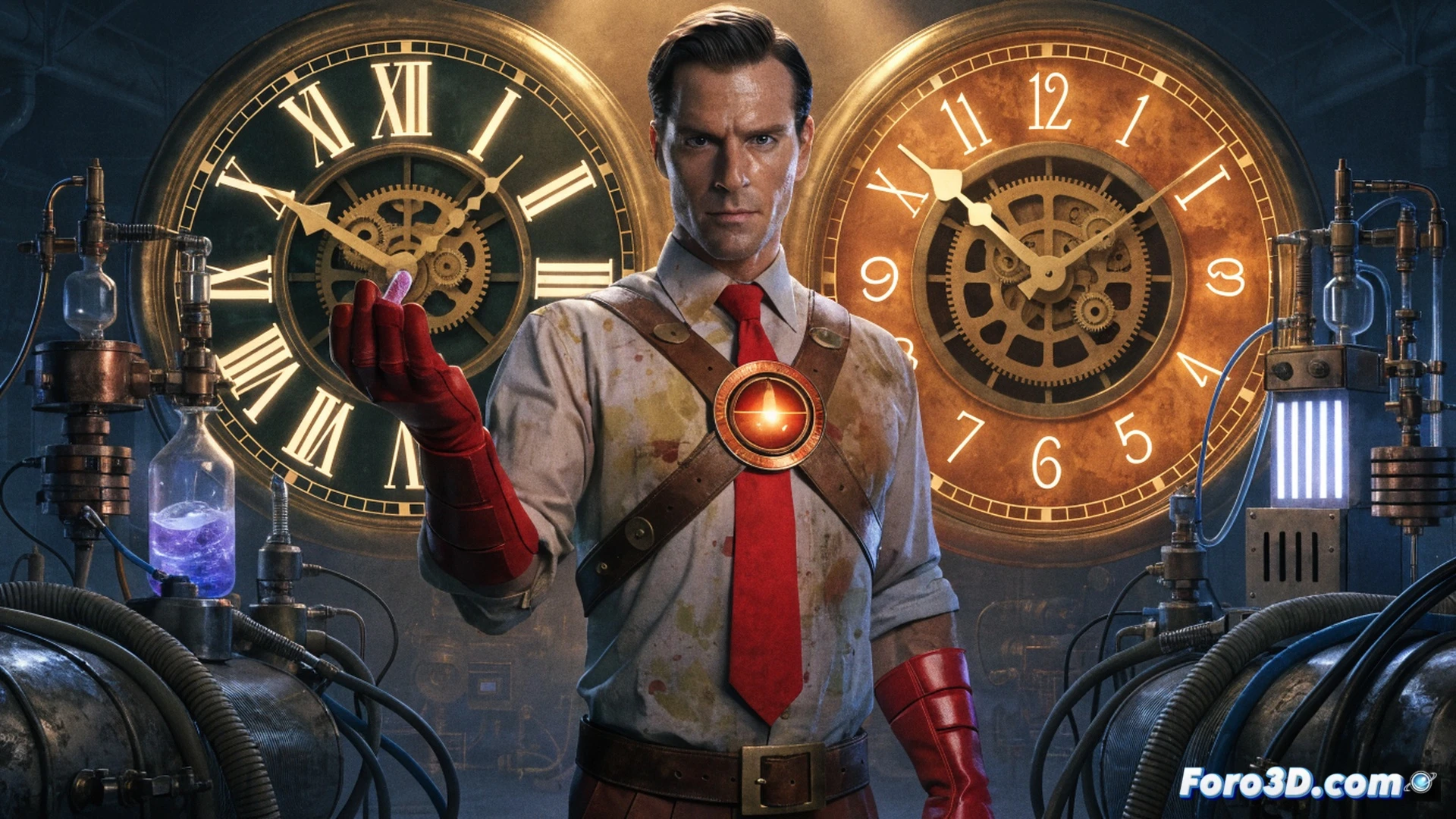 Rex Tyler en su laboratorio nocturno, sosteniendo una píldora luminosa mientras un reloj de pared marca el minuto cero, fondo con sombras alargadas, traje dorado y rojo de Hourman parcialmente reflejado en un microscopio, mesa con frascos de vidrio y componentes químicos, luz de escritorio iluminando su rostro concentrado, partículas brillantes rodeando la píldora durante la transformación, estilo cinematográfico realista, contraste entre oscuridad y destellos anaranjados, textura metálica desgastada, atmósfera de urgencia y fragilidad temporal, photorealistic technical illustration