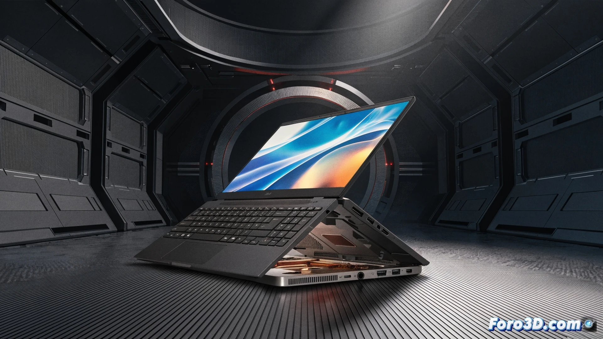 gaming laptop Omen Max 16 with translucent chassis showing internal RTX 5080 GPU and Intel Core Ultra 9 processor glowing in cyan, price tag ripping apart from 3799 to 2499 dollars in mid-air, sparks and digital particles flying around the keyboard during a high-performance gaming session, 32GB RAM modules and 1TB SSD illuminated under the chassis, screen displaying a fast-paced racing game with motion blur, dramatic explosion of discount percentage symbols behind the laptop, cinematic engineering visualization, dark room with neon cyan and orange ambient lighting, photorealistic technical render, ultra-detailed cooling fans spinning rapidly, copper heat pipes visible