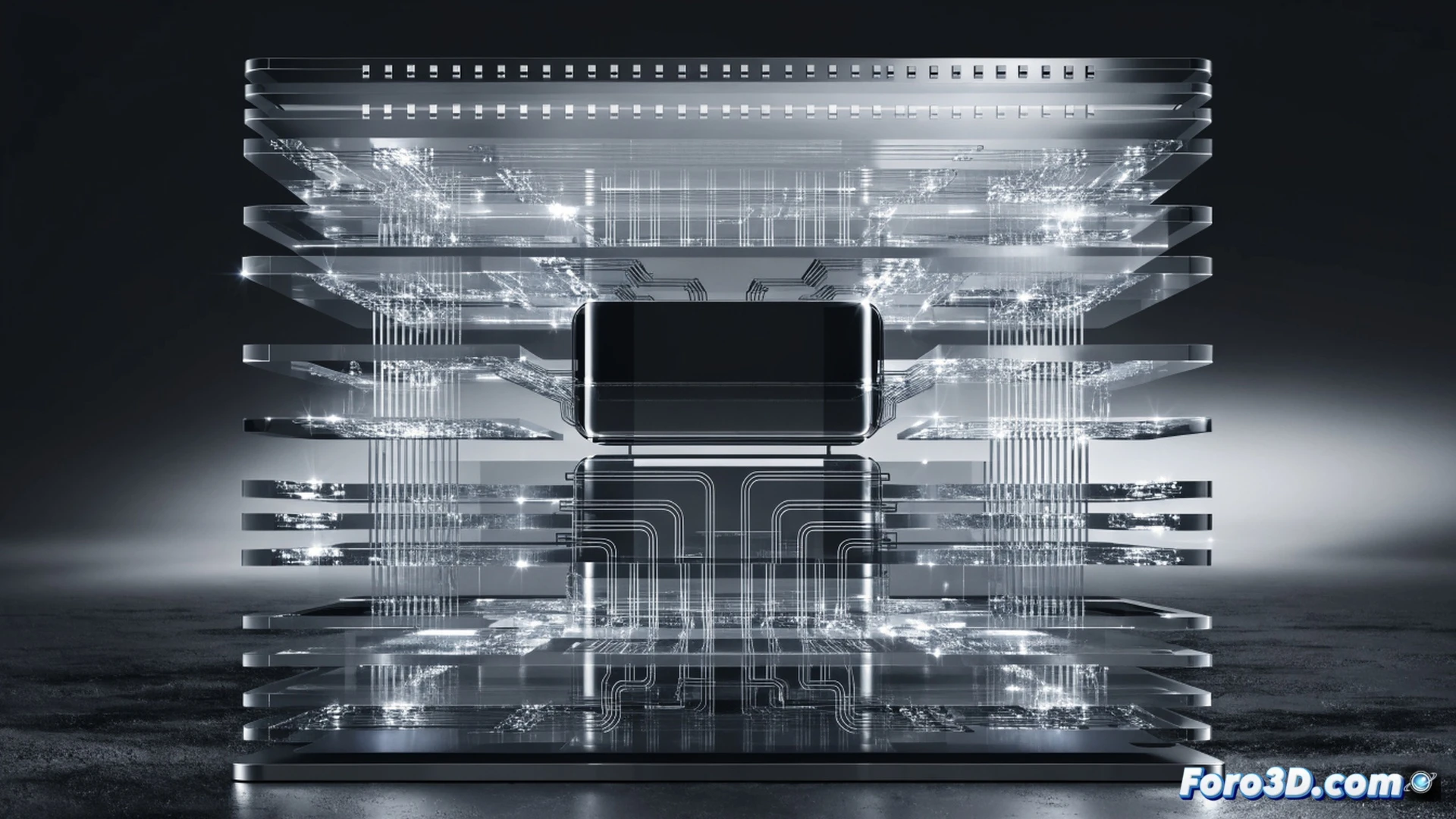 Engineering visualization of a 3D-stacked Kirin processor chip being assembled, robotic arms placing ultra-thin silicon logic layers vertically using LogicFolding technique, microscopic copper interconnects glowing between stacked dies, heat dissipation fins and energy flow lines showing reduced power consumption, motherboard integration scene with battery efficiency metrics visualized as luminous green pulses, cinematic photorealistic semiconductor fabrication render, metallic wafer surfaces with nanometer-scale circuitry details, dramatic blue-white industrial lighting, cleanroom environment with precision alignment stage in action