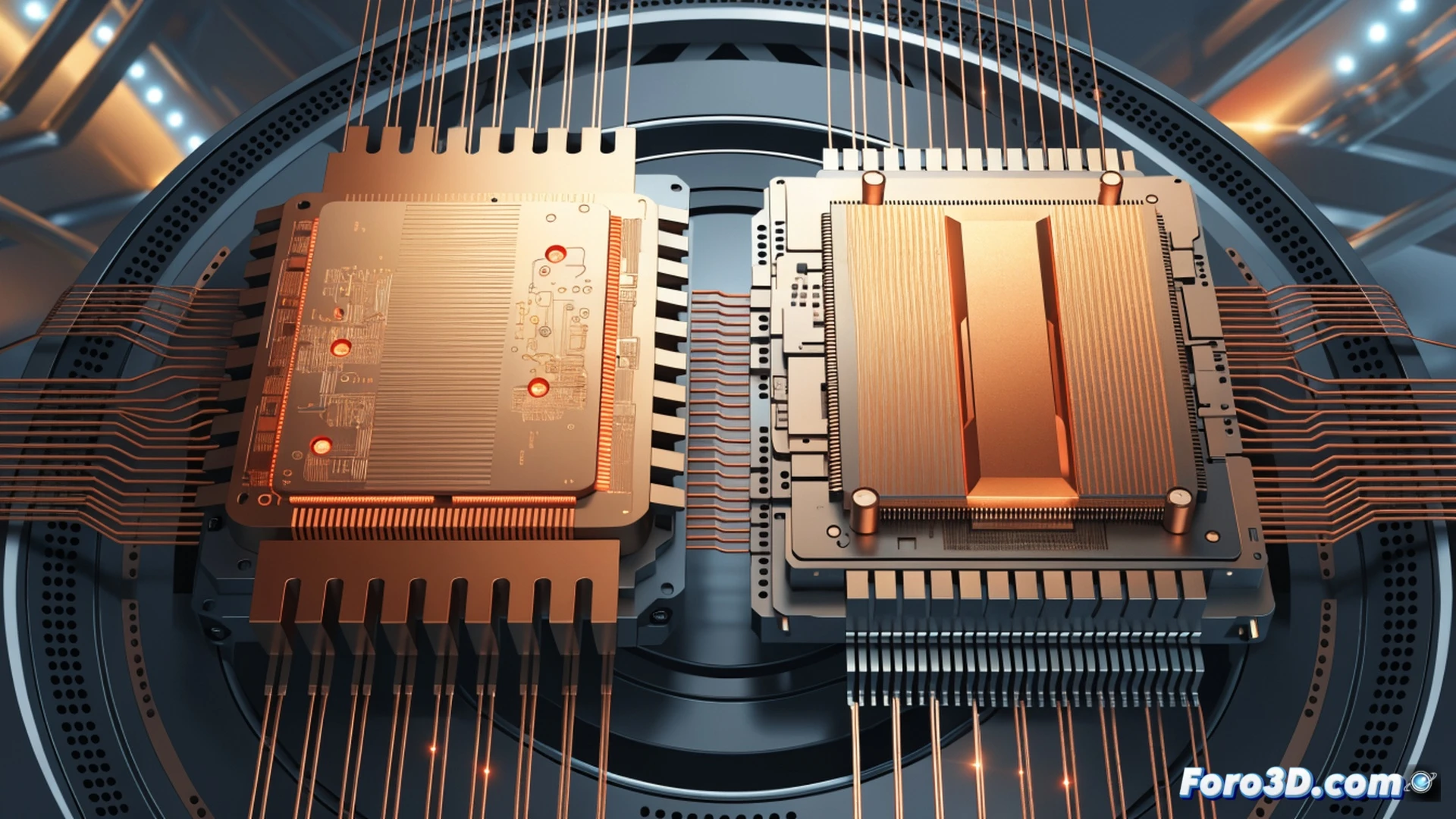 Huawei Ascend 950 chip being inserted into a server motherboard in a Korean data center, robotic arm placing the chip while glowing blue circuits activate, three stacked Nvidia H20 chips dimmed in the background for comparison, cooling fans spinning above, engineering visualization style, metallic surfaces with micro-etched traces, blue and orange LED indicators, cleanroom environment, dramatic low-angle lighting, photorealistic technical render, sharp focus on the chip socket during insertion