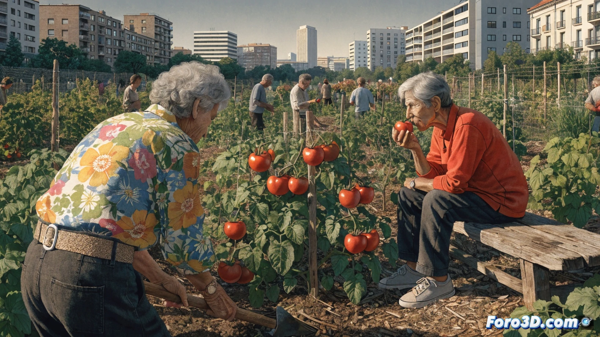 huerto urbano en Zaragoza al atardecer, hortelano cosechando tomates rojos brillantes con tijeras de podar, manos sucias de tierra fértil, plantas de tomate en hileras con tutores de madera, regadera metálica apoyada en el suelo, fondo de edificios urbanos difuminados y montañas lejanas, acción de cortar un tomate maduro mostrando su textura jugosa, luz cálida dorada, estilo cinematográfico fotorrealista, enfoque nítido en el fruto y la mano, profundidad de campo, atmósfera de comunidad y bienestar