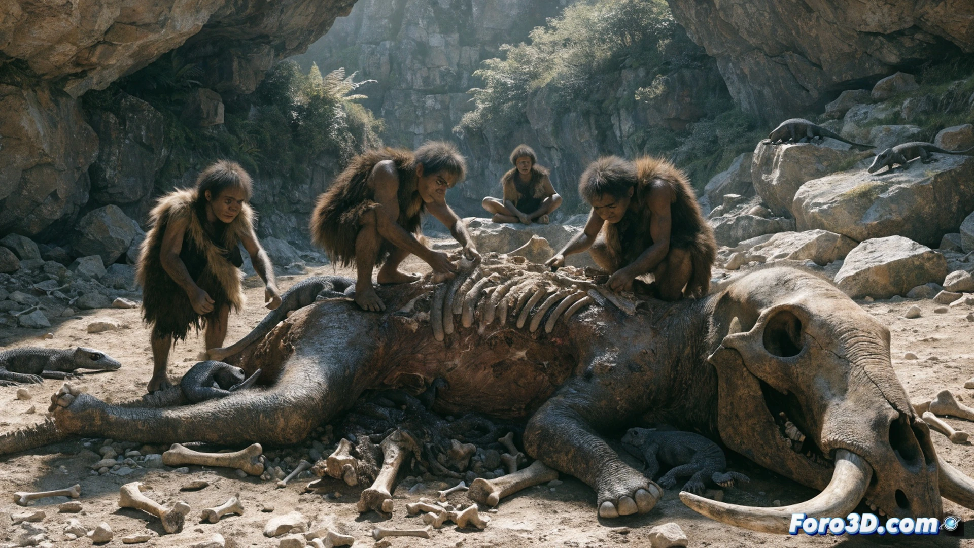 small hominid figure one meter tall crouching over a dwarf elephant skeleton on a tropical island shore, using a sharp stone flake to scrape meat from a rib bone, a komodo dragon watching from nearby rocks, no fire or cooking evidence visible, bones show only tool marks on less fleshy parts, dense jungle background with volcanic mountain, cinematic photorealistic prehistoric scene, dramatic overcast lighting, ultra-detailed bone texture and stone tool, realistic skin and hair on hominid, natural earth tones, technical paleoanthropology illustration style