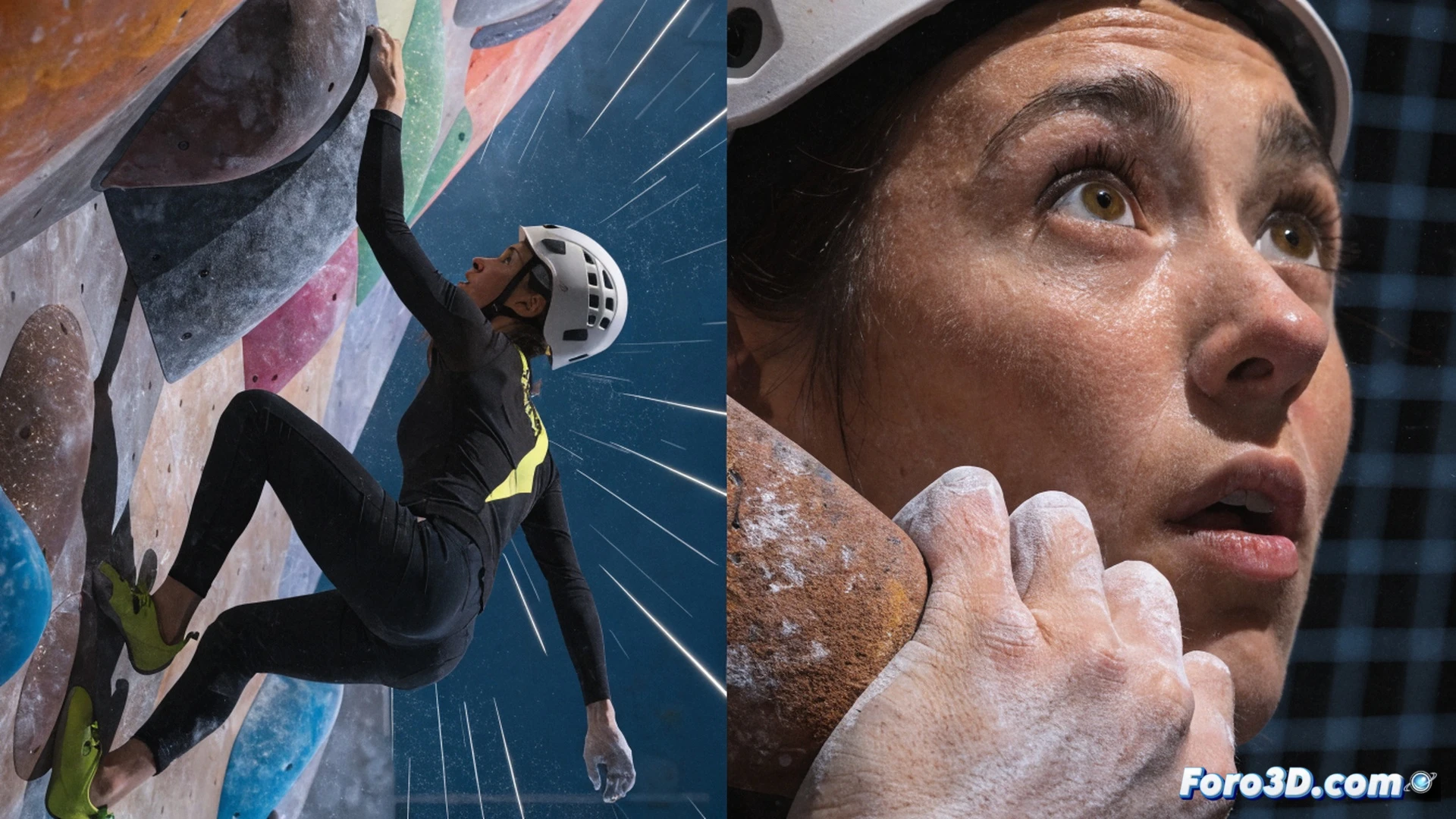 A female climber in mid-ascent on a steep 15-meter speed climbing wall, dynamic pose reaching for a hold at the exact moment a digital timer flashes 5.99 seconds, high-tech climbing shoes pressing against textured artificial holds, safety auto-belay cable taut below, modern climbing gym background with geometric wall panels, cinematic sports visualization, fast motion blur effects, sweat droplets frozen mid-air, dramatic spotlight highlighting the climber's focused expression, photorealistic technical render, ultra-detailed grip texture and chalk dust particles