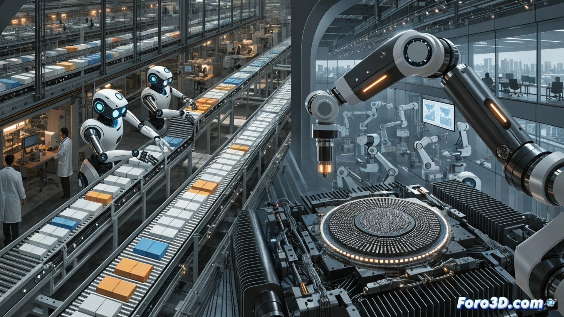 Chinese factory AI robots sorting packages on high-speed conveyor belts, robotic arms with glowing sensors picking and placing boxes into labeled bins, warehouse shelves with real-time inventory holograms floating above them, digital supply chain flow lines connecting machines to shipping docks, workers monitoring touchscreens showing AI optimization algorithms, bright industrial LED lighting, metallic robotic joints and pneumatic cylinders in motion, photorealistic technical illustration, cinematic depth of field, motion blur on conveyor belts, glowing data streams visualizing faster logistics