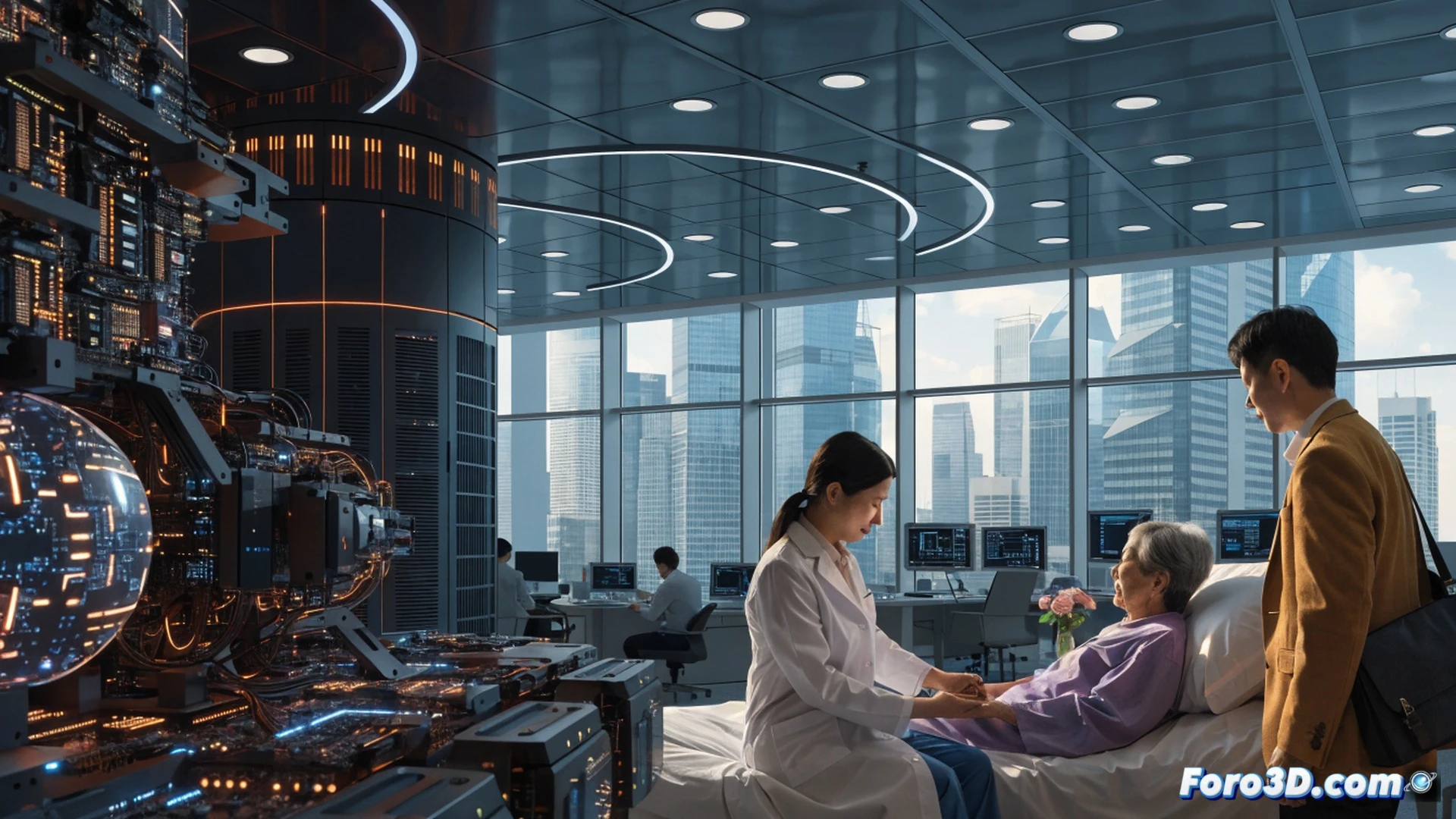 hospital room scene, doctor using a tablet with AI diagnostic interface while holding a patient s hand, medical charts and prescription notes floating as transparent holographic overlays, a robotic arm smoothly organizing medicine bottles on a shelf, warm natural light from window, nurse smiling while reviewing patient data on a wearable device, photorealistic technical illustration, clean modern healthcare environment, soft focus background showing family visitors, cinematic lighting emphasizing human interaction, ultra-detailed medical equipment, calm empathetic atmosphere