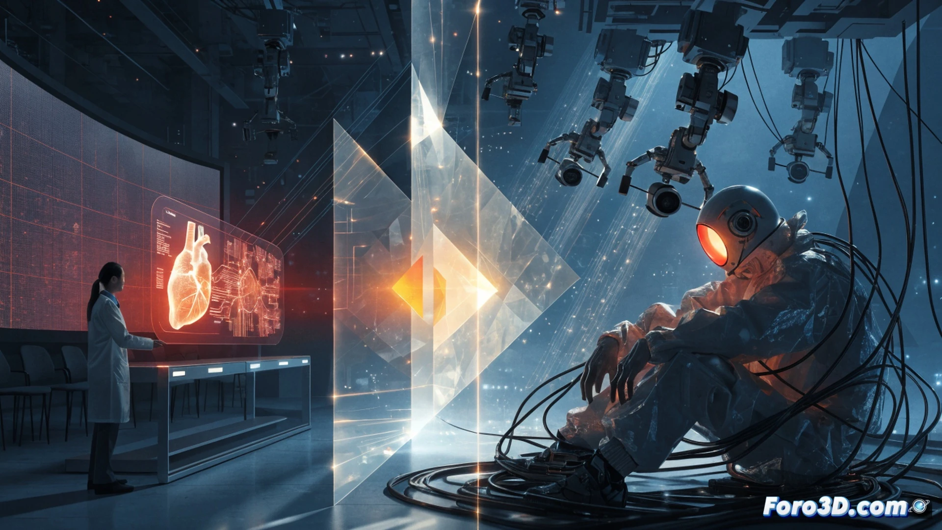 bifurcated city street scene, left side showing a doctor using a glowing holographic diagnostic interface over a patient bed, right side showing a truck driver staring at an empty dashboard while automated delivery drones fly past, central divider with a scale balancing a medical cross and a padlock, cinematic photorealistic style, dramatic split lighting, warm healing tones on left, cold metallic blues on right, detailed hardware components visible, contrast between human touch and cold automation, ultra-detailed urban background, dystopian yet hopeful atmosphere