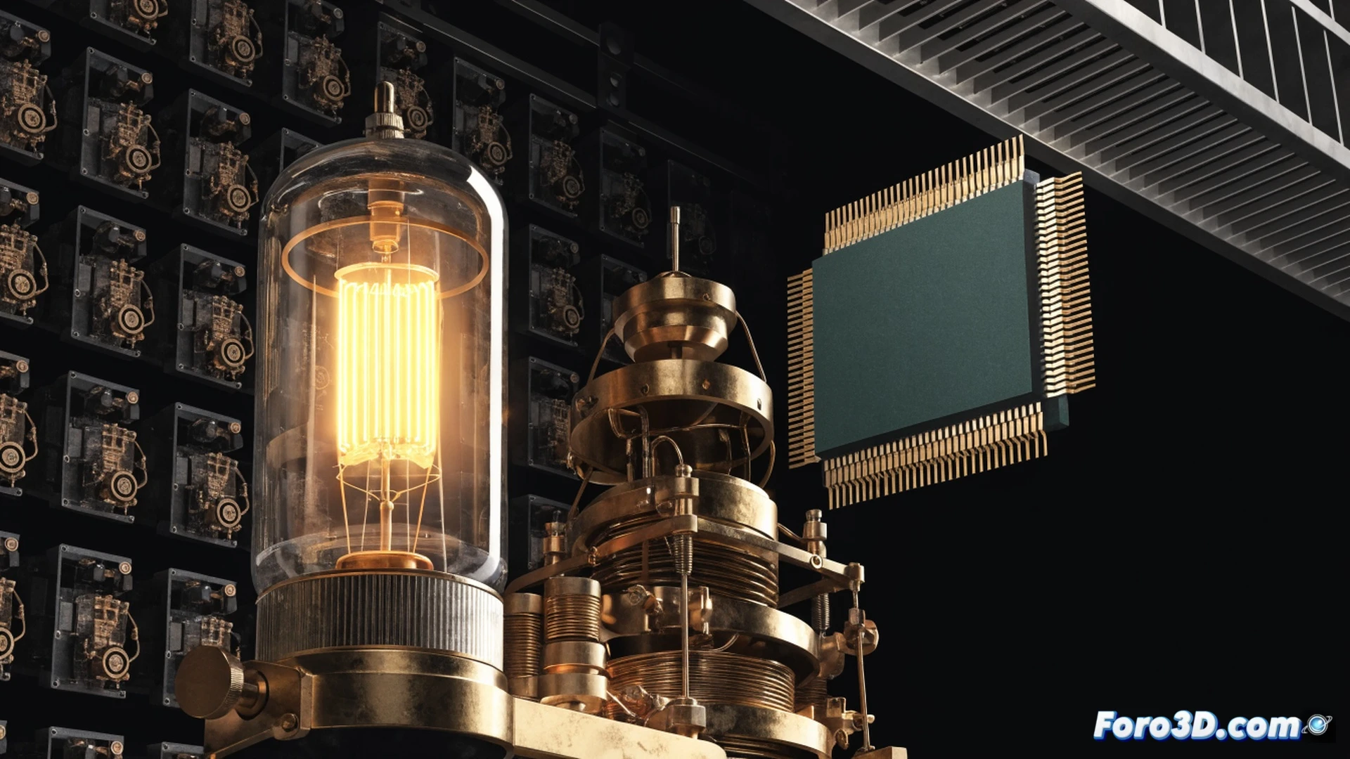 Photorealistic museum interior scene showing a glowing vintage radio transmitter being assembled by transparent holographic hands, while floating microchip schematics and circuit board layers orbit around it, visitors in silhouette observing from below, dramatic spotlight beams illuminating the technical artifacts, dust particles floating in light rays, ultra-detailed metallic components and vacuum tubes visible, engineering visualization style, deep shadows and warm amber lighting creating a sense of historical discovery, action of assembly demonstrated mid-process