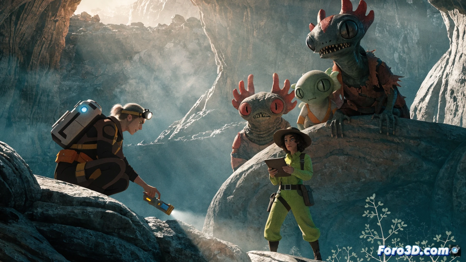 Sci-fi rocket hangar interior, mechanic adjusting engine nozzle while three alien fugitives hide behind fuel tanks, botanic examining glowing plant specimen in glass jar, Timothée Chalamet’s character holding holographic wrench, Selena Gomez’s character pointing at star map, sparks flying from exposed wiring, alien slime dripping on control panel, cinematic photorealistic render, dramatic side lighting from neon tubes, metallic surfaces with scratches, motion blur on spinning turbine, ultra-detailed mechanical components, warm orange and cool blue contrast, action showing teamwork during escape preparation