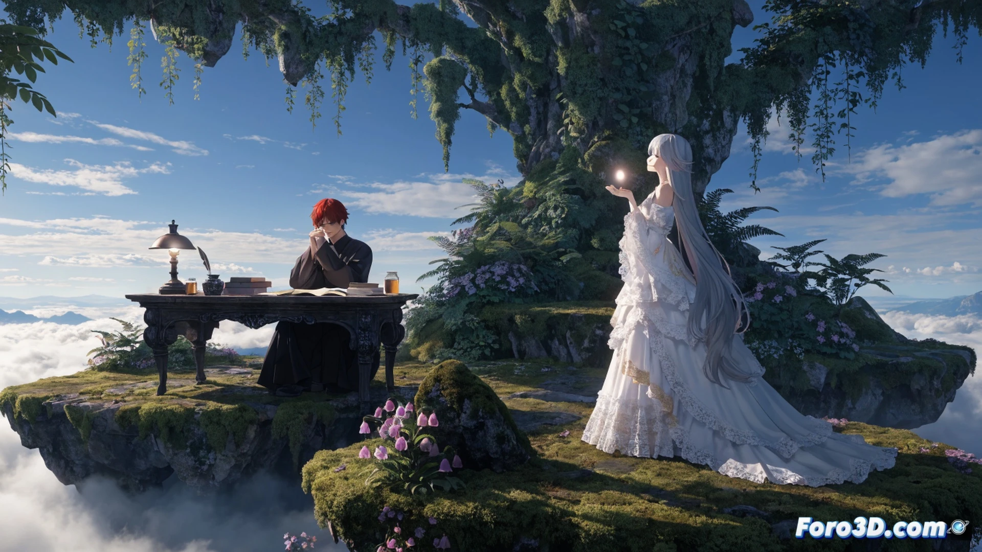 floating garden island suspended in clouds during twilight, two silhouetted figures standing on a transparent glass bridge overlooking glowing mechanical flowers, a Nintendo Switch console embedded in a stone pedestal with vines wrapping around its Joy-Con controllers, soft pink and blue aurora lighting the scene, steam rising from hidden vents beneath the bridge, cinematic romantic fantasy style, ethereal particle effects, intricate vine textures, ultra-detailed foliage, volumetric lighting through mist, photorealistic dreamlike render