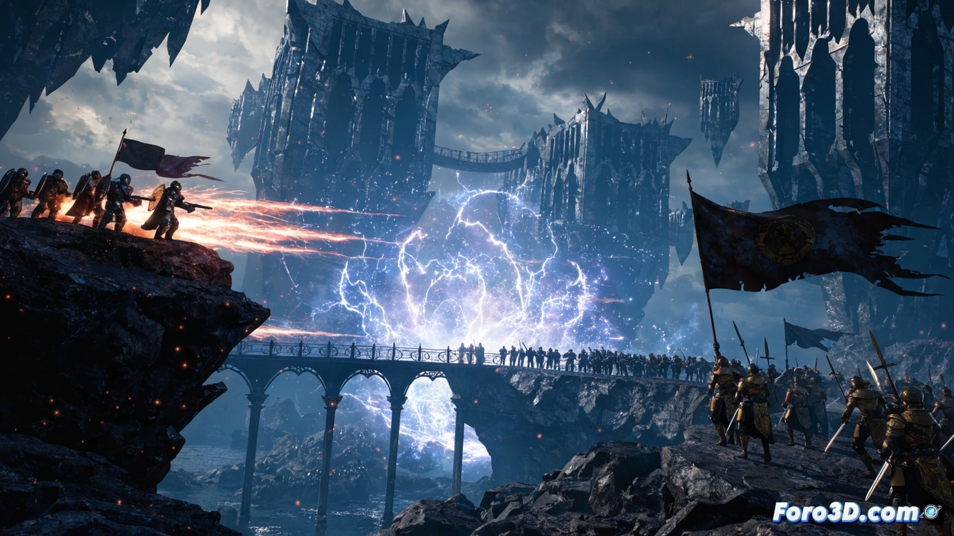 massive battlefield with soldiers casting luminous magic spells, volumetric blue and orange energy trails illuminating stone ruins, dynamic Nanite geometry crumbling under spell impacts, Lumen global illumination reflecting off magical shields and metallic armor, Unreal Engine 5.1 debug overlay faintly visible in corner showing real-time performance metrics, cinematic photorealistic rendering, hyperdetailed particle effects, dramatic war-torn sky with volumetric clouds, motion-blurred combat action, technical game engine visualization