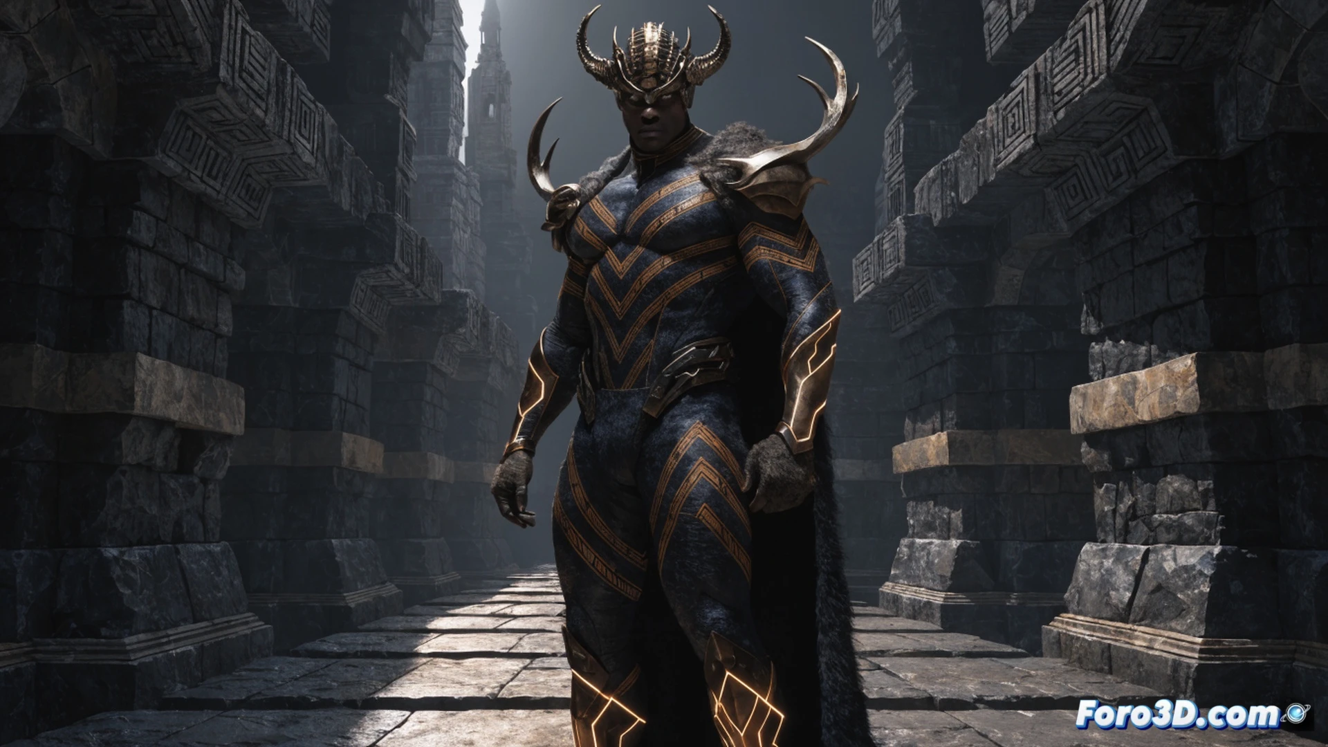 M'Baku as Impala leaping over a crumbling stone altar in a forgotten jungle temple, golden horns glinting under shafts of dusty light, a torn Global Guardians emblem on his chest, ancient tech fragments scattered on the ground, cinematic photorealistic illustration, dramatic low-angle action shot, glowing particles of debris suspended in mid-air, moss-covered stone pillars, shadows cast by broken machinery, heroic pose with clenched fists, weathered metallic armor, intense motion blur around his legs, ultra-detailed textures on fabric and stone, dynamic lighting from above, silent forgotten hero atmosphere
