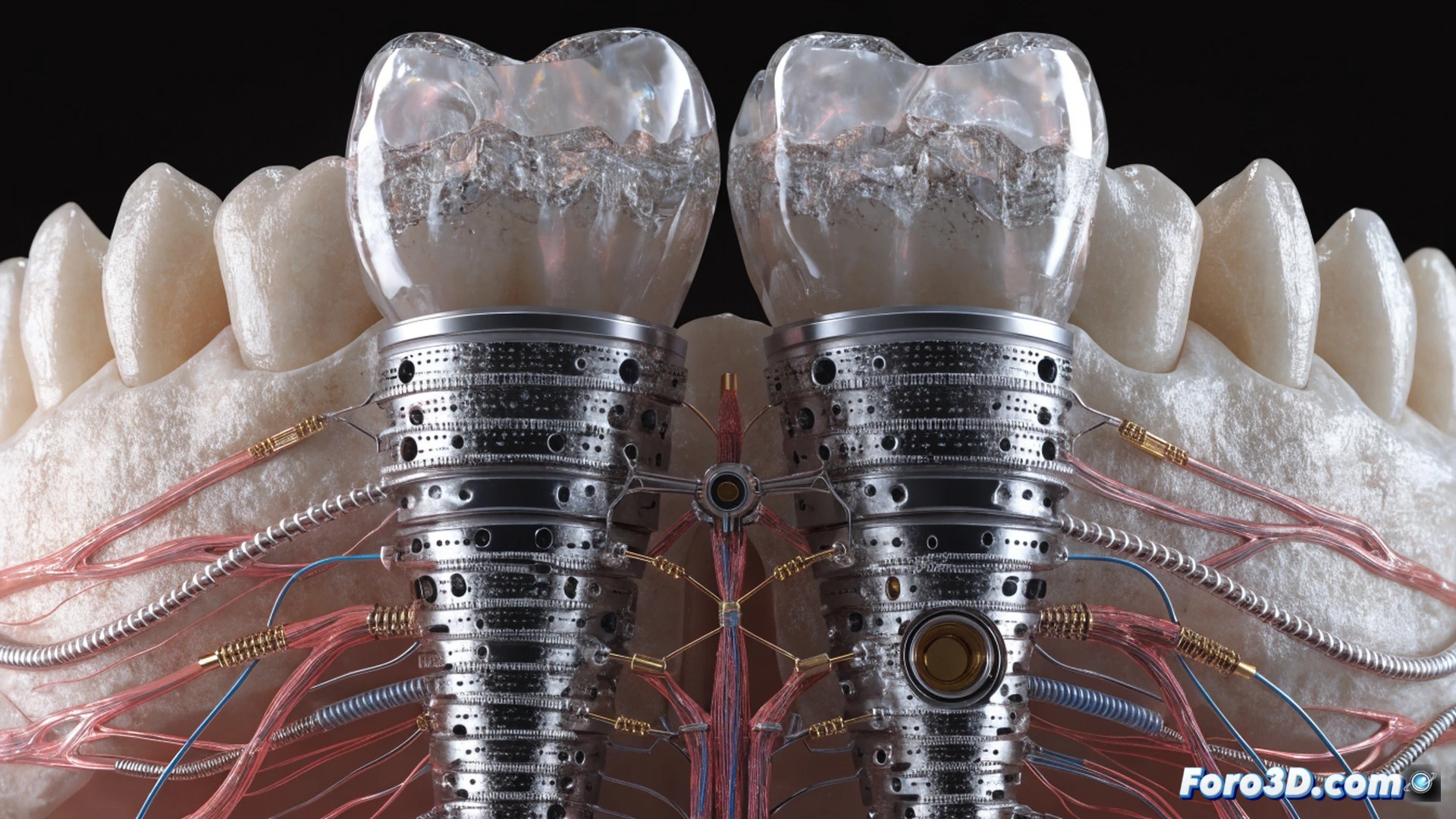 3D-printed dental implant being inserted into a human jawbone, piezoelectric ceramic layers inside the implant glowing with electrical signals during chewing motion, nerve pathways illuminated as neural impulses travel toward the brain, surgical tools and digital monitor showing real-time force conversion data, photorealistic medical visualization, cross-section view of jaw and implant, bright clinical lighting, ultra-detailed tissue textures, cinematic engineering style