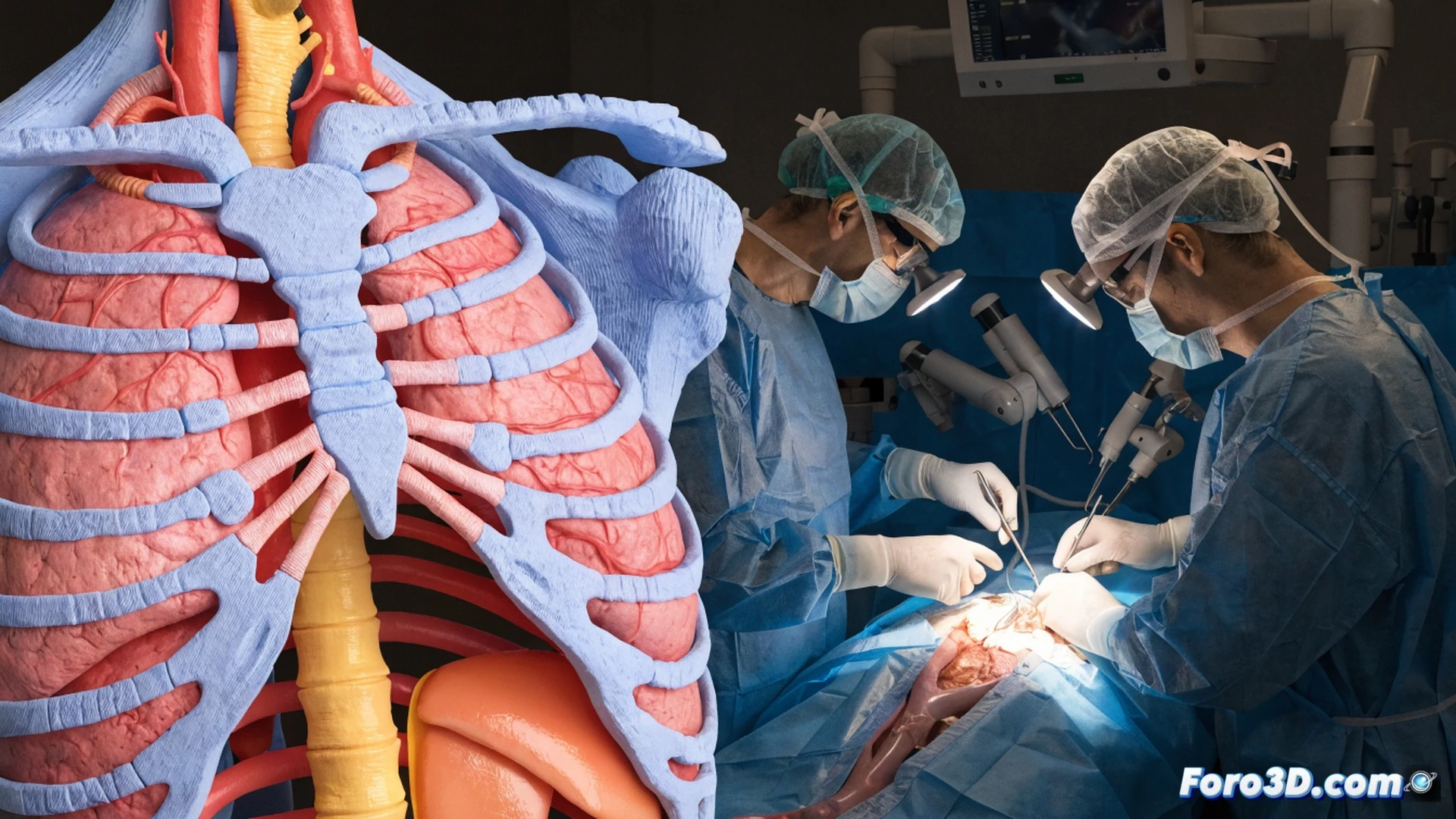 Cirujano sosteniendo réplica anatómica transparente de un riñón con tumor, junto a monitor mostrando modelo 3D en software de planificación quirúrgica, impresora 3D industrial en segundo plano extruyendo capas de resina translúcida, bisturí y pinzas sobre mesa esterilizada, luz azul de pantalla iluminando guantes quirúrgicos, detalles de vasos sanguíneos y arterias visibles dentro del modelo, proceso de comparación entre escaneo real y pieza impresa, estilo cinematic photorealistic technical illustration, fondo de quirófano con luces LED, sombras suaves, texturas de plástico médico y metal quirúrgico, ultra-detallado