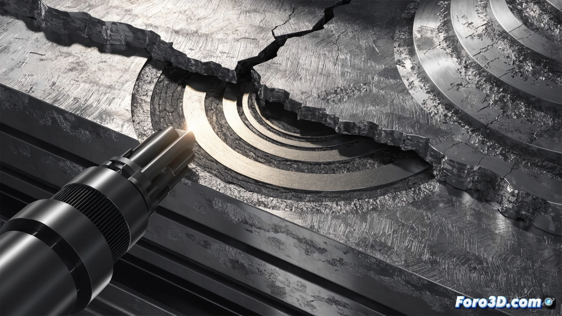 Viga de acero agrietada siendo reparada por un brazo robótico de impresión 3D, capa de metal fundido depositándose sobre la fisura, microscópicas partículas incandescentes durante el proceso de fusión, estructura cristalina del acero recomponiéndose en primer plano, ingenieros observando pantallas con datos de resistencia, fondo de laboratorio industrial con luces LED azules, estilo photorealistic technical illustration, iluminación dramática de alto contraste, textura metálica detallada, simulación de fatiga de materiales mostrando extensión de vida útil