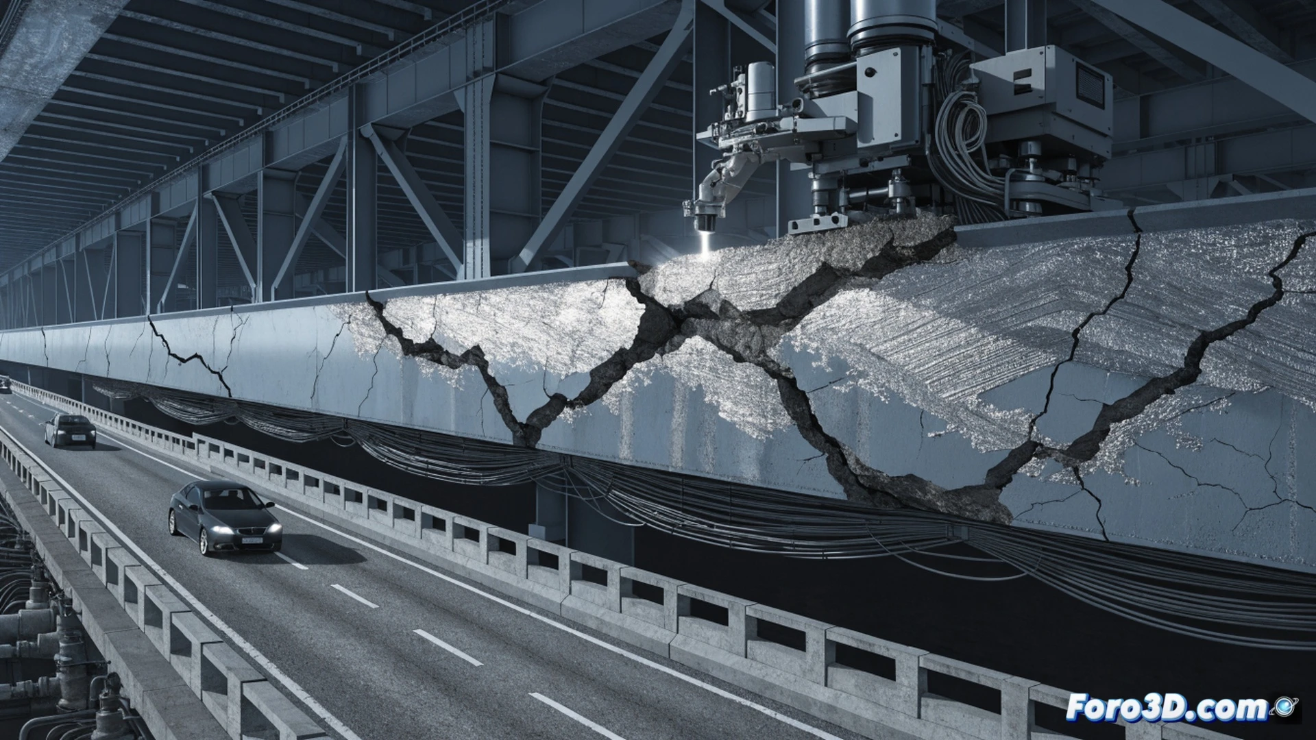 close-up of a bridge steel girder with a visible crack being repaired by a robotic 3D printing arm, molten metal deposited layer by layer onto the damaged surface, sparks and glowing orange filament during the additive manufacturing process, traffic flowing normally on the bridge above in soft daylight, technical engineering visualization, realistic metallic textures, robotic arm with precision nozzle, industrial safety yellow accents, photorealistic render, cinematic depth of field, detailed mechanical components