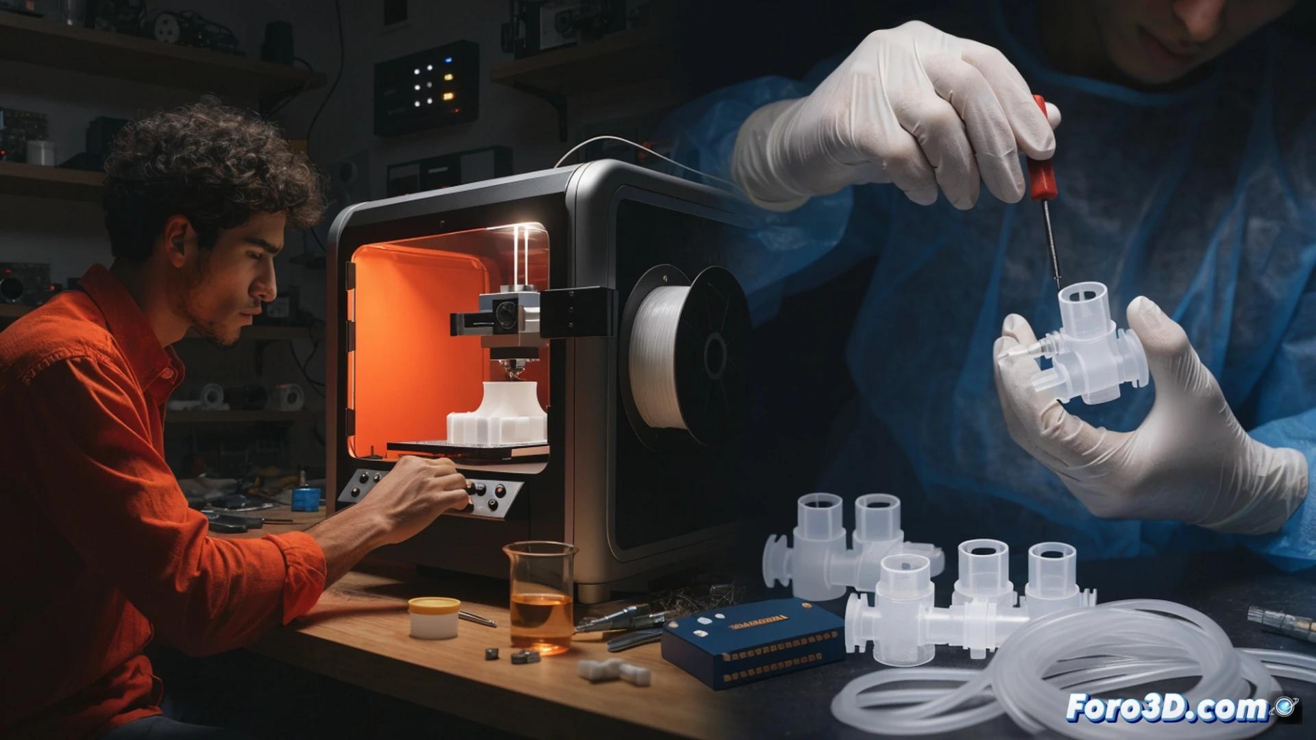 Hospital room scene with a 3D printer actively fabricating a transparent oxygen valve on a sterile tray, medical staff member placing the freshly printed component onto a ventilator circuit, broken original valve beside a laptop showing CAD model interface, dim fluorescent lighting casting harsh shadows on cracked tiles, dust particles visible in the air, exposed wiring on medical equipment, photorealistic technical visualization, dramatic chiaroscuro lighting highlighting the contrast between advanced technology and decaying infrastructure, ultra-detailed plastic layer lines on the printed part, realistic material textures, cinematic depth of field focusing on the assembly process