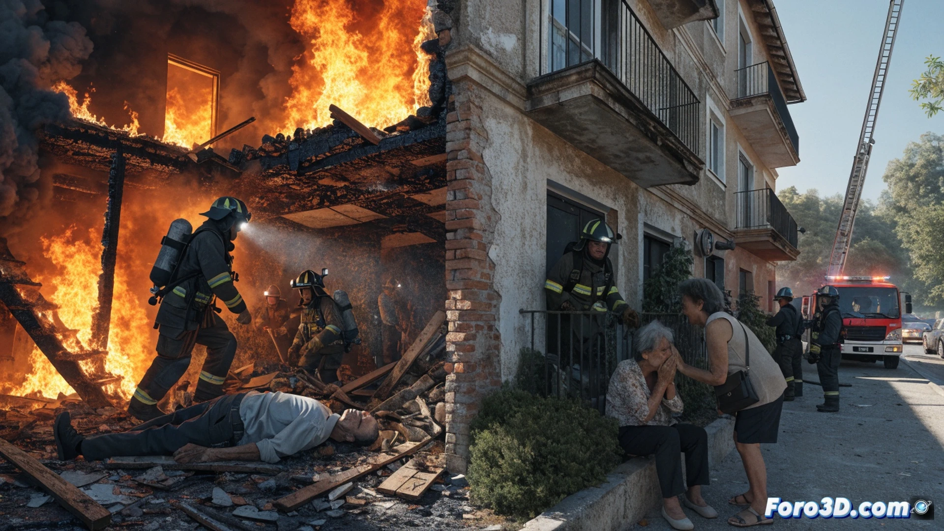 photorealistic cinematic scene of a four-story residential building facade in Callosa at night, upper floor window emitting thick grey smoke and faint orange flames, firefighters in full gear extending a hose line up an exterior staircase, a stretcher being carried out through the main entrance by emergency personnel, elderly person being assisted by paramedic on sidewalk, ventilation fan running on a tripod near the building entrance, thermal imaging camera held by a firefighter scanning the facade, worn concrete balconies and rustic Spanish architecture visible, dramatic lighting with flashing red and blue emergency lights reflecting on wet pavement, smoke drifting across the street, technical engineering visualization with realistic textures and atmospheric haze