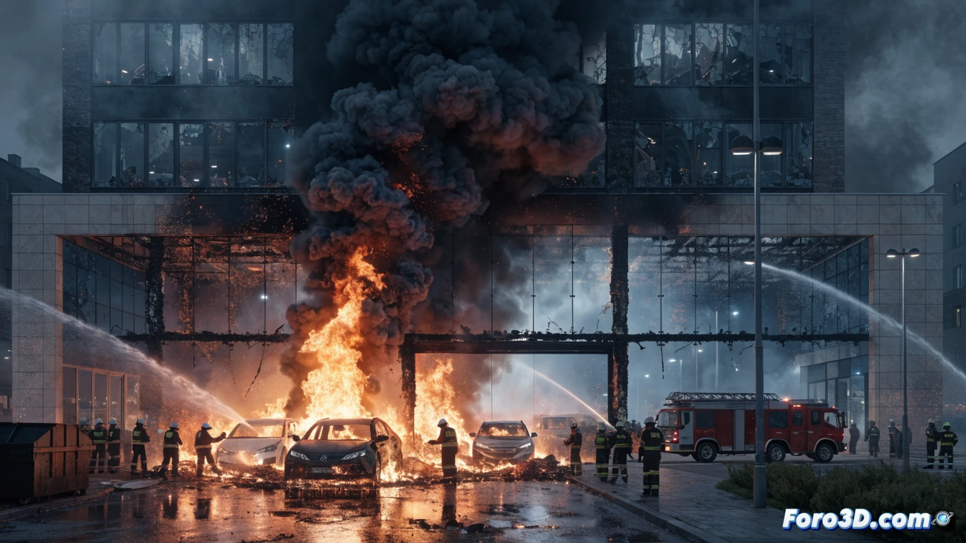 incendio en concesionario Peugeot Zaragoza, coche eléctrico ardiendo en exterior, llamas anaranjadas y humo negro denso elevándose, trece vehículos calcinados alrededor, bomberos con mangueras rociando agua sobre batería de litio humeante, tres coches dañados dentro de la nave trasera visible, equipo de emergencia con extintores y herramientas hidráulicas, materiales combustibles en empresa vecina al fondo, acción de contención durante la extinción, estilo cinematográfico fotorrealista, iluminación dramática nocturna, reflejos de fuego en asfalto mojado, texturas de metal quemado y plástico derretido, ultra detallado