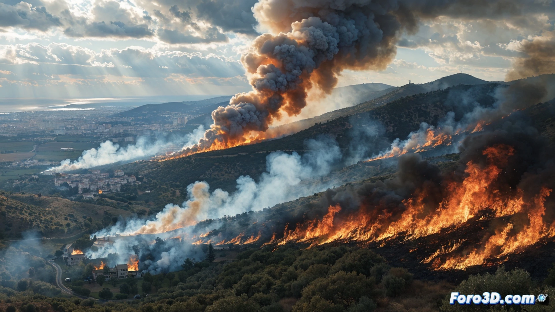 Aerial view of a massive wildfire raging across Empordà forest, 30,000 hectares of dry woodland burning with intense orange flames, thick black smoke columns rising under critical wind conditions, fire trucks and emergency vehicles positioned along a winding road, five rural buildings partially engulfed in flames, firefighter teams in protective gear operating hoses and bulldozers creating firebreaks, wind streaks visible bending flames toward Girona in the distance, cinematic photorealistic visualization, dramatic smoky sky, glowing embers, ultra-detailed terrain, technical wildfire mapping overlay with heat zones and wind vectors, high-contrast disaster scene lighting