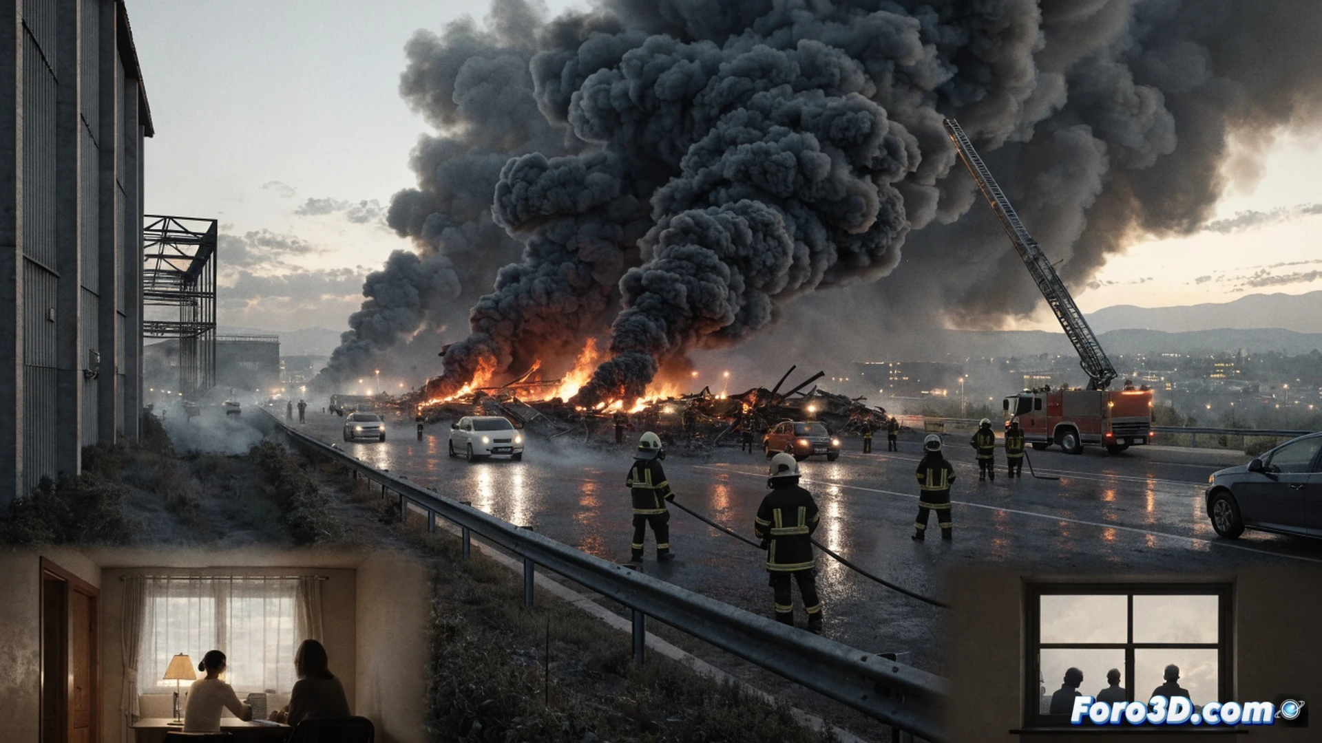 Estilo visual cinematográfico y fotorrealista. Escena nocturna: una planta de reciclaje industrial arde, mostrando una densa columna de humo negro elevándose sobre montañas de chatarra retorcida, iluminada por llamas anaranjadas. Doce bomberos con equipos de protección y mangueras rociando agua durante la extinción, mientras un vehículo de emergencia parpadea en primer plano. Al fondo, la carretera C-35 vacía con barreras reflectantes, y ventanas de casas cercanas cerradas, demostrando confinamiento activo. Sin texto visible.