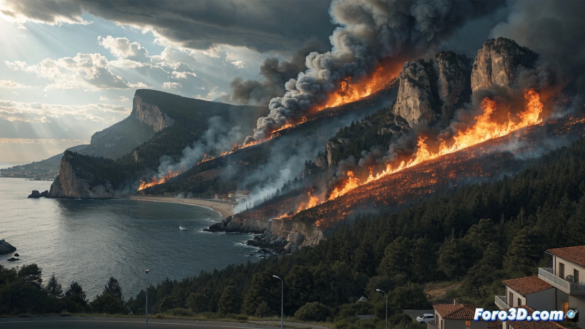 aerial view of a wildfire spreading through Gavarres forest, 2400 hectares burning, dense smoke plumes rising, flames consuming pine trees on the right flank, wind-driven fire lines advancing toward Fonteta and Llofriu villages, firefighter vehicles on a dirt road, helicopters dropping water near the C-66 highway, dramatic orange sky, cinematic photorealistic disaster visualization, intense heat haze, smoke layers, dynamic lighting, ultra-detailed landscape