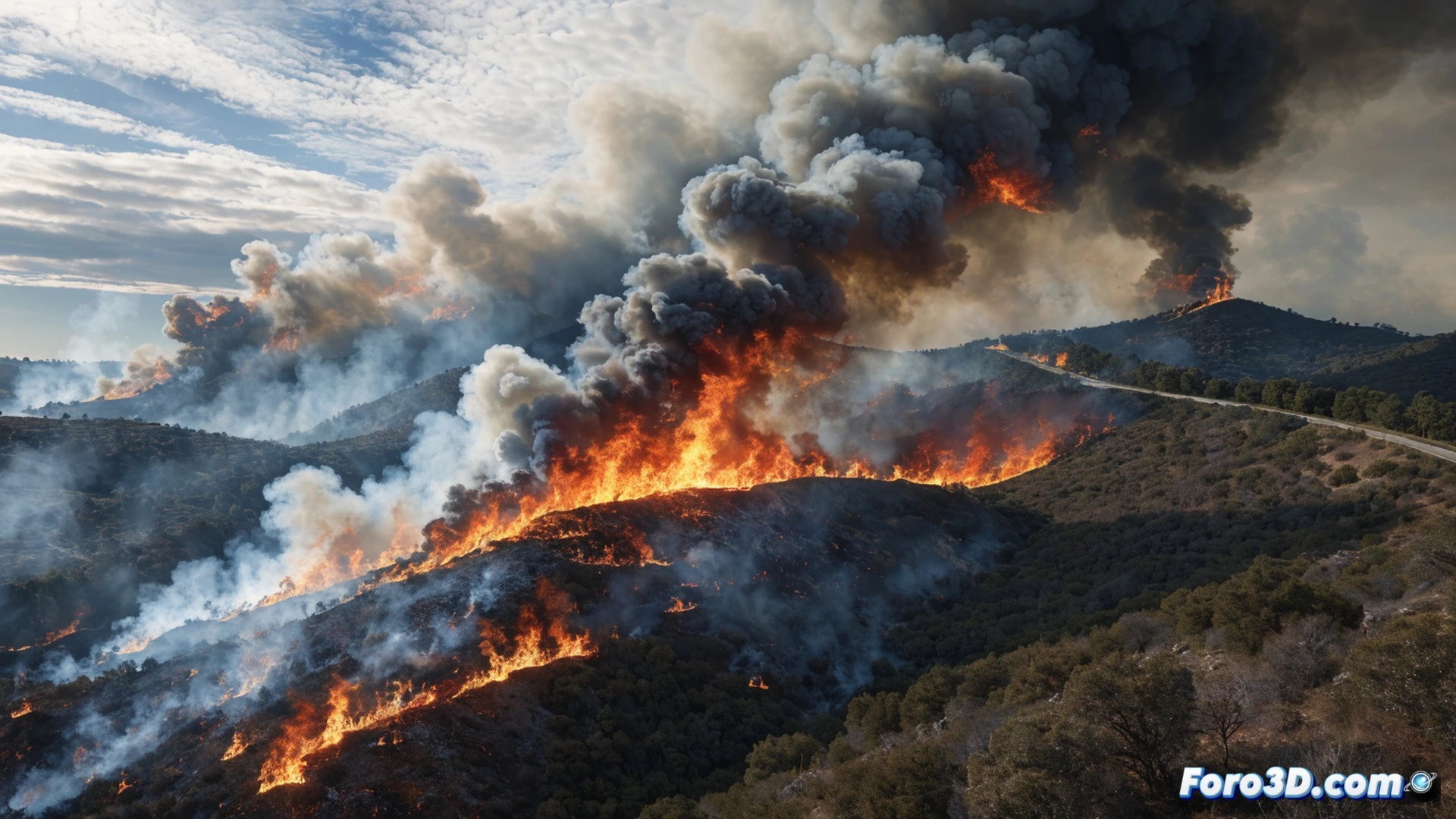 Aerial view of a vast wildfire consuming dry scrubland in Los Monegros, 3,100 hectares of blackened terrain spreading rapidly, thick smoke plumes driven by strong wind toward a distant rural path marked as Ruta Orwell, firefighting helicopters dropping water near a charred buggy wreckage, cinematic photorealistic technical illustration, dramatic orange and gray sky, intense heat haze distorting the horizon, realistic smoke simulation, ultra-detailed vegetation and ash textures, dynamic action during extinction efforts