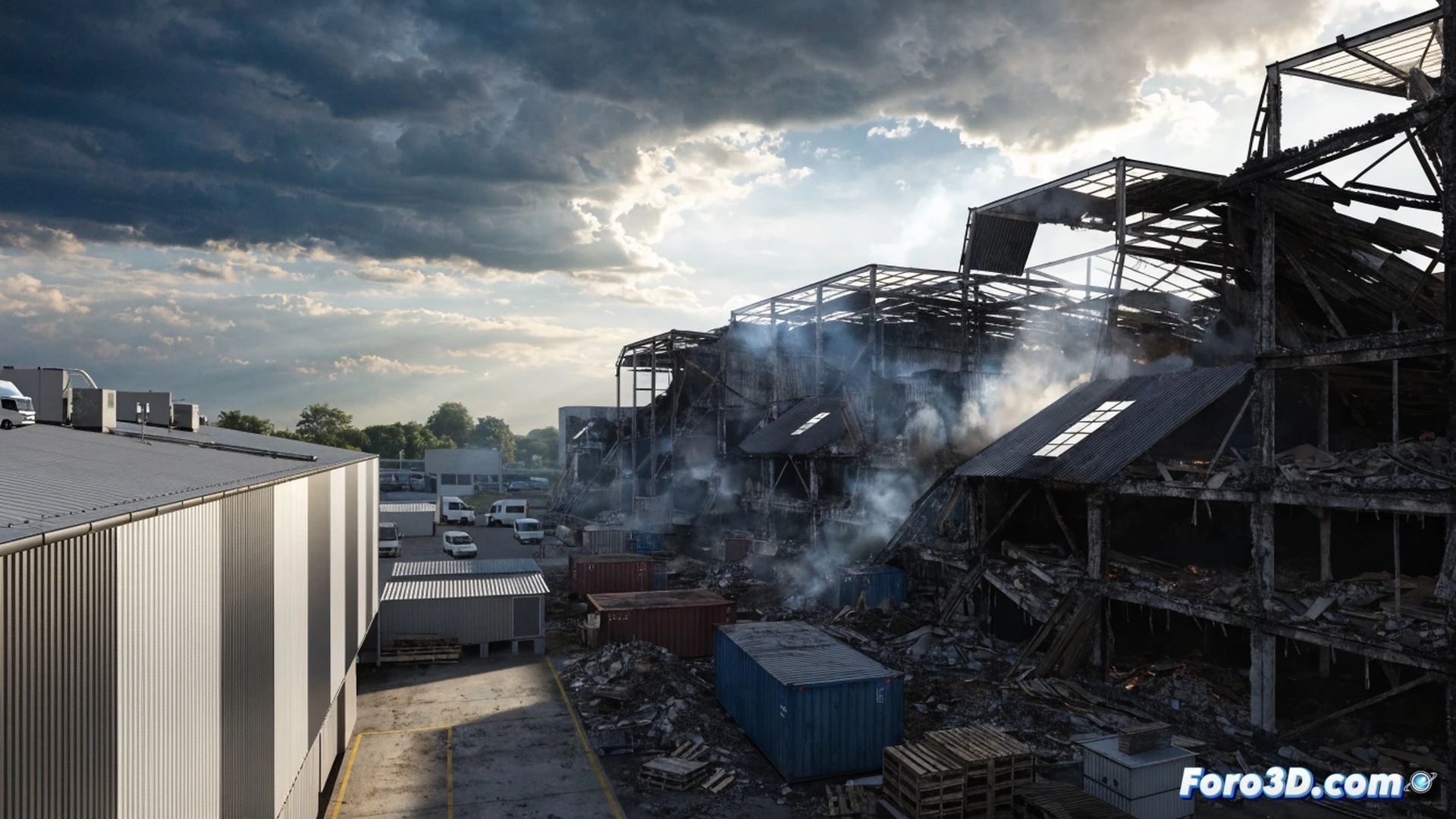 large-scale fire aftermath at Stuttgart wholesale market, two warehouse halls partially collapsed, charred steel beams twisted and exposed, smoke still rising from debris, fire trucks with extended ladders spraying water on hot spots, structural engineers in reflective vests inspecting cracked concrete pillars with laser scanners, forklifts overturned and melted pallets scattered, dramatic cinematic lighting with low clouds of smoke, photorealistic technical illustration, high detail on damaged industrial architecture, cooling embers glowing in twilight, sense of scale and destruction, risk of collapse clearly visible