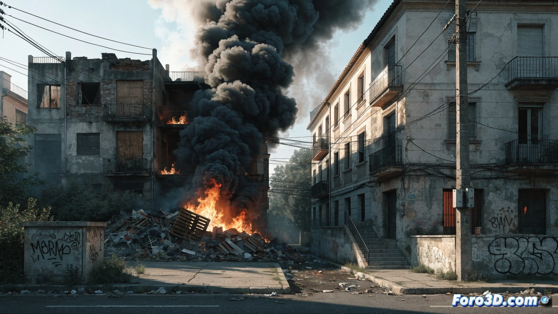 Densa columna de humo negro saliendo de un bajo okupado en Benicalap, llamas anaranjadas visibles entre basura acumulada y enseres amontonados, ventanas rotas, humo arrastrándose hacia fachadas de viviendas cercanas, bomberos con mangueras en acción durante la extinción, partículas de ceniza volando, contaminación atmosférica visible, estilo cinematográfico realista, iluminación dramática de fuego contrastando con cielo gris, texturas de hollín y ladrillo dañado, photorealistic technical illustration, alta definición, tensión urbana.