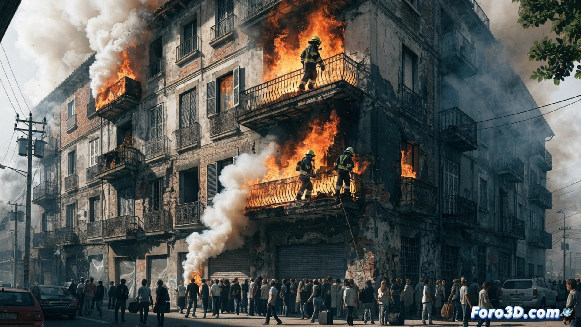 fire spreading through two illegally occupied apartments in Valencia, dense black smoke pouring from broken windows into adjacent residential blocks, firefighters in full gear climbing aerial ladders while evacuating families, 80 residents rushing down stairwells with masks, smoldering furniture and charred walls visible inside, photorealistic technical illustration, cinematic wide-angle shot, emergency vehicle lights flashing on wet pavement, ash particles floating in the air, dramatic dusk lighting, smoke plume rising against urban skyline, detailed brick facade and security bars, action showing preventive evacuation process