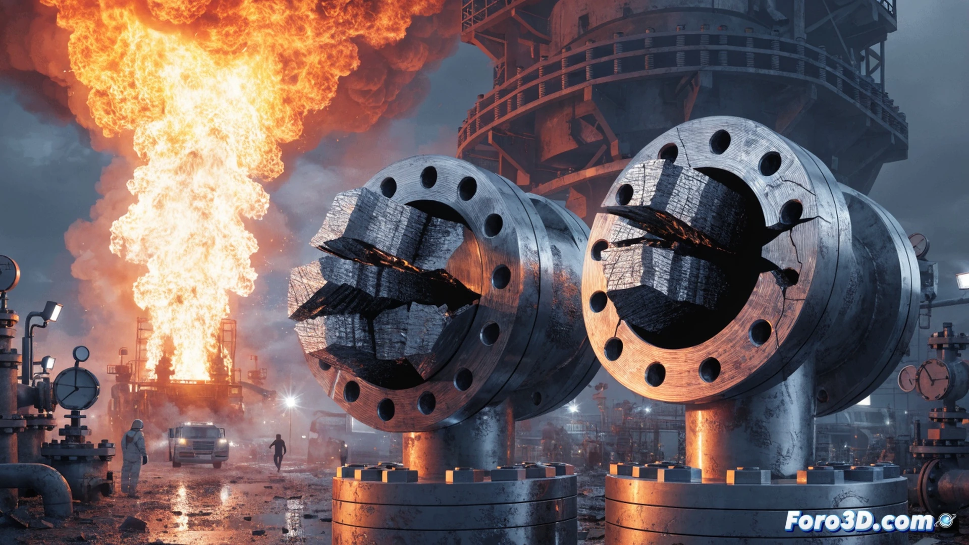 industrial fire scene at a synthesis gas plant, catastrophic hydrogen-induced cracking failure in flange stud bolts, visible jagged fractures across threaded metal rods, high-pressure gas jet escaping from separated flange connection, intense orange flames engulfing pipework, emergency response teams in reflective suits approaching from distance, thick black smoke billowing upward, structural steel beams glowing red from heat, photorealistic engineering visualization, dramatic fire lighting with deep shadows, ultra-detailed metallic surfaces with stress corrosion marks, cinematic wide-angle composition, action during uncontrolled gas release and ignition