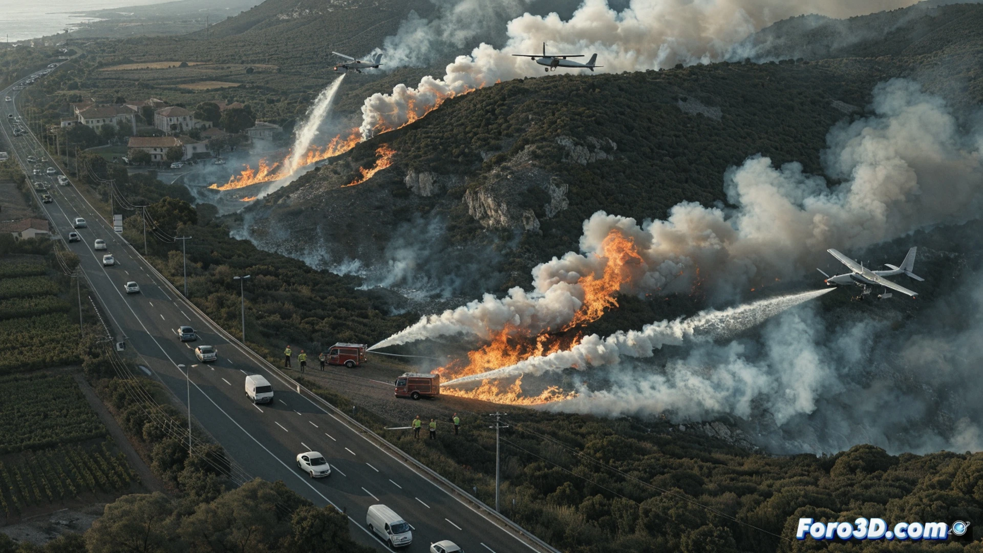 forest fire approaching the A-7 highway near Alcalà de Xivert, flames consuming dry brush beside the asphalt, a fire truck parked on the shoulder with firefighters spraying water from a hose, three helicopters dropping retardant from above, a traffic cone barrier closing the right lane at kilometer marker 378, smoke clouds drifting across the road, glowing embers flying in the wind, photorealistic cinematic visualization, dramatic orange-black sky, intense heat haze, realistic firefighter gear and vehicle details, wide-angle shot showing action during extinction process