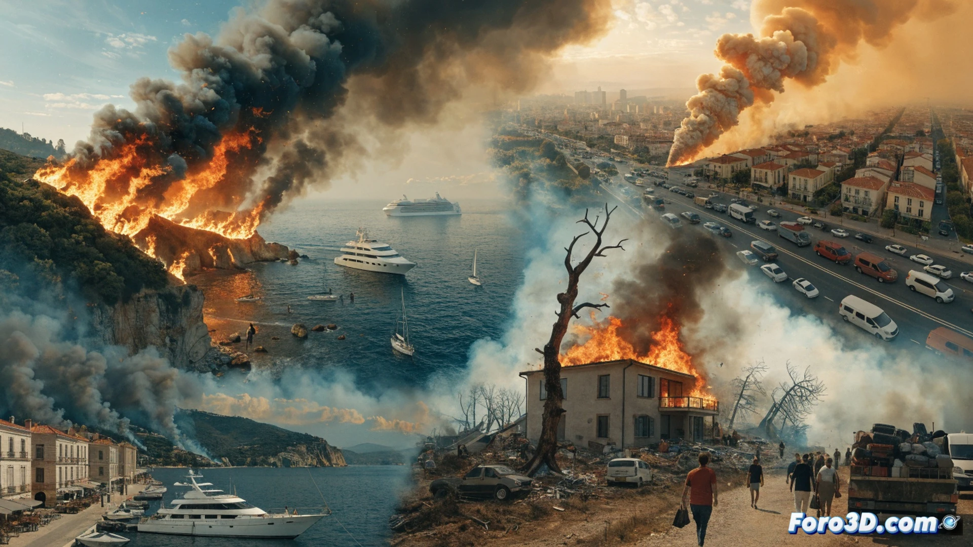 wildfire devastation across southern Europe, simultaneous fires in France Spain and Greece, massive smoke plumes rising over coastal hills, evacuation chaos on a highway near Perpignan, cars bumper-to-bumper fleeing flames, firefighting aircraft dropping red retardant over a forest ridge, glowing embers carried by wind toward tourist beaches on Costa Brava, burnt villas and blackened pine trees in foreground, satellite dish melted on a rooftop, smoke particles creating hazardous air quality, cinematic photorealistic visualization, dramatic orange-black sky, wide-angle landscape, ultra-detailed fire textures and heat haze, intense natural disaster scene