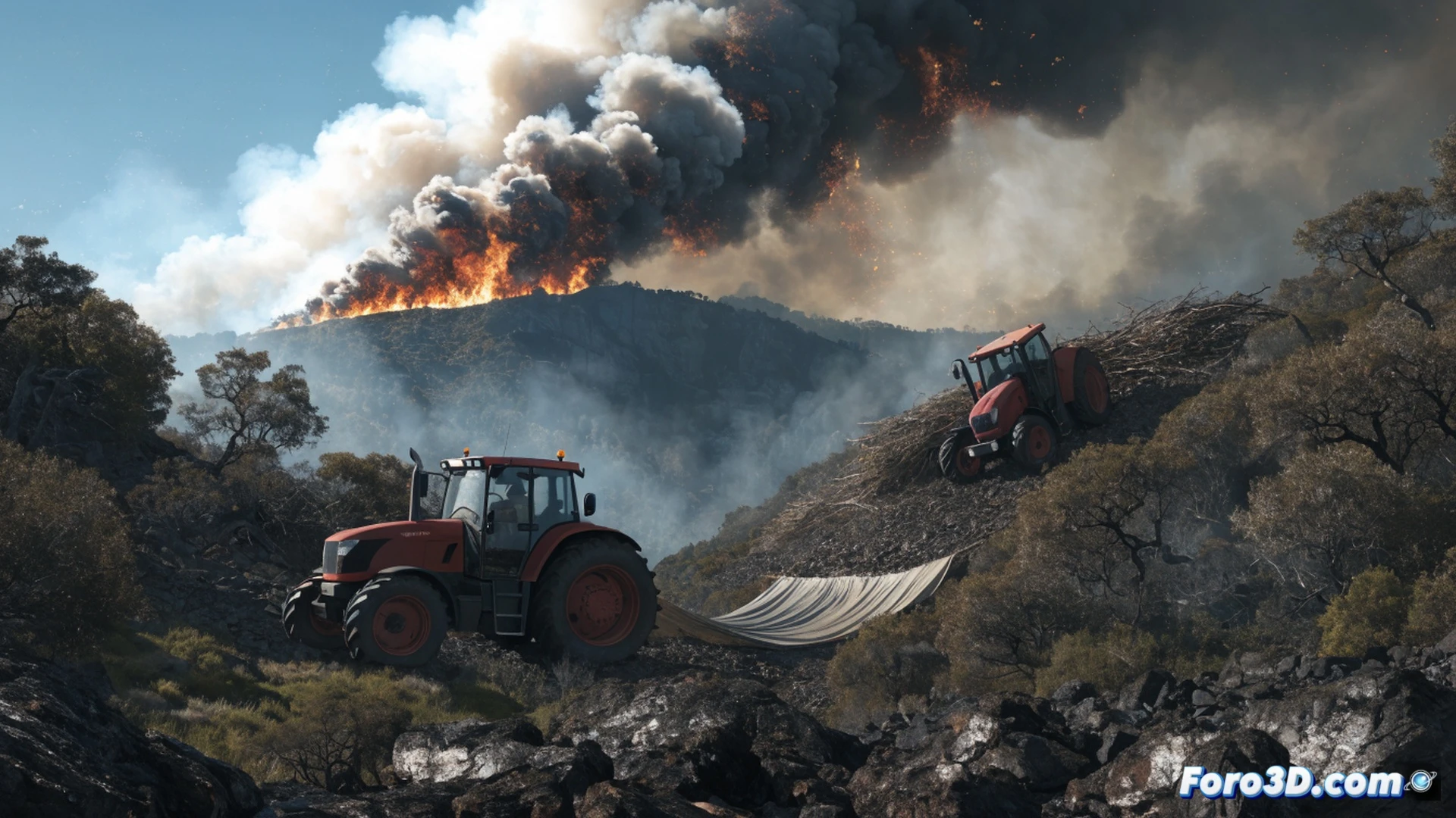 Tractor agrícola amarillo abriendo una zanja cortafuegos en un monte quemado, humo gris denso elevándose desde el suelo carbonizado, bomberos con herramientas manuales trabajando junto al tractor mientras el fuego avanza al fondo, contraste entre maquinaria rudimentaria y emergencia forestal, cielo anaranjado por las llamas, suelo negro con brasas rojas, estilo cinematográfico fotorrealista, iluminación dramática de atardecer, texturas de tierra removida y ceniza, profundidad de campo con tractores borrosos al fondo, composición épica documental