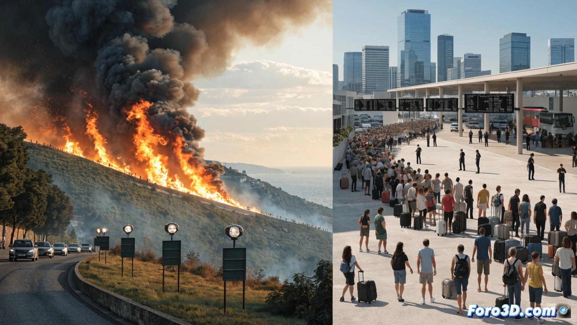 Aerial view of a French Mediterranean coastline at midday, smoke plumes rising from a forest fire near a highway, a line of cars stopped at a border checkpoint with digital passport scanning kiosks and glowing LED status lights, a collapsed queue of travelers holding mobile phones showing error messages, a drone monitoring the fire in the background, cinematic photorealistic style, dramatic golden-hour haze mixing with smoke, ultra-detailed vehicles and infrastructure, realistic smoke particle effects, sharp contrast between burning hills and cool blue sea, motion blur on fleeing cars, technical hardware visible on kiosks and drone