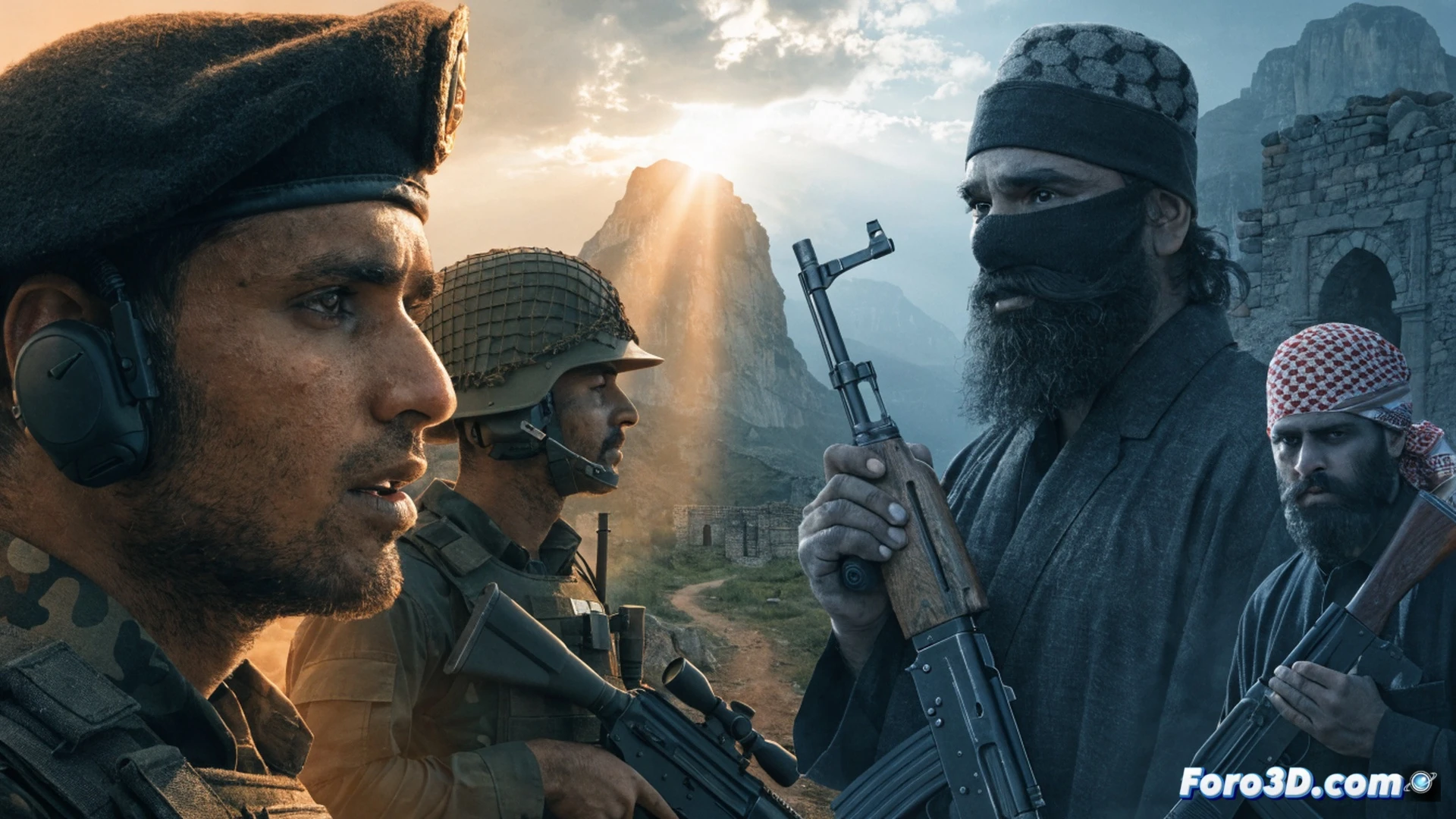 military command center monitoring station, large digital map of India-Pakistan border with 23 red threat markers appearing, intelligence analysts reviewing documents while radar screens display cross-border movement, soldiers securing checkpoints with increased vehicle inspections, financial tracking terminal showing frozen bank accounts, cinematic technical visualization, glowing holographic data streams, dim blue tactical lighting, reinforced concrete walls, document scanners processing passports, photorealistic security operations render