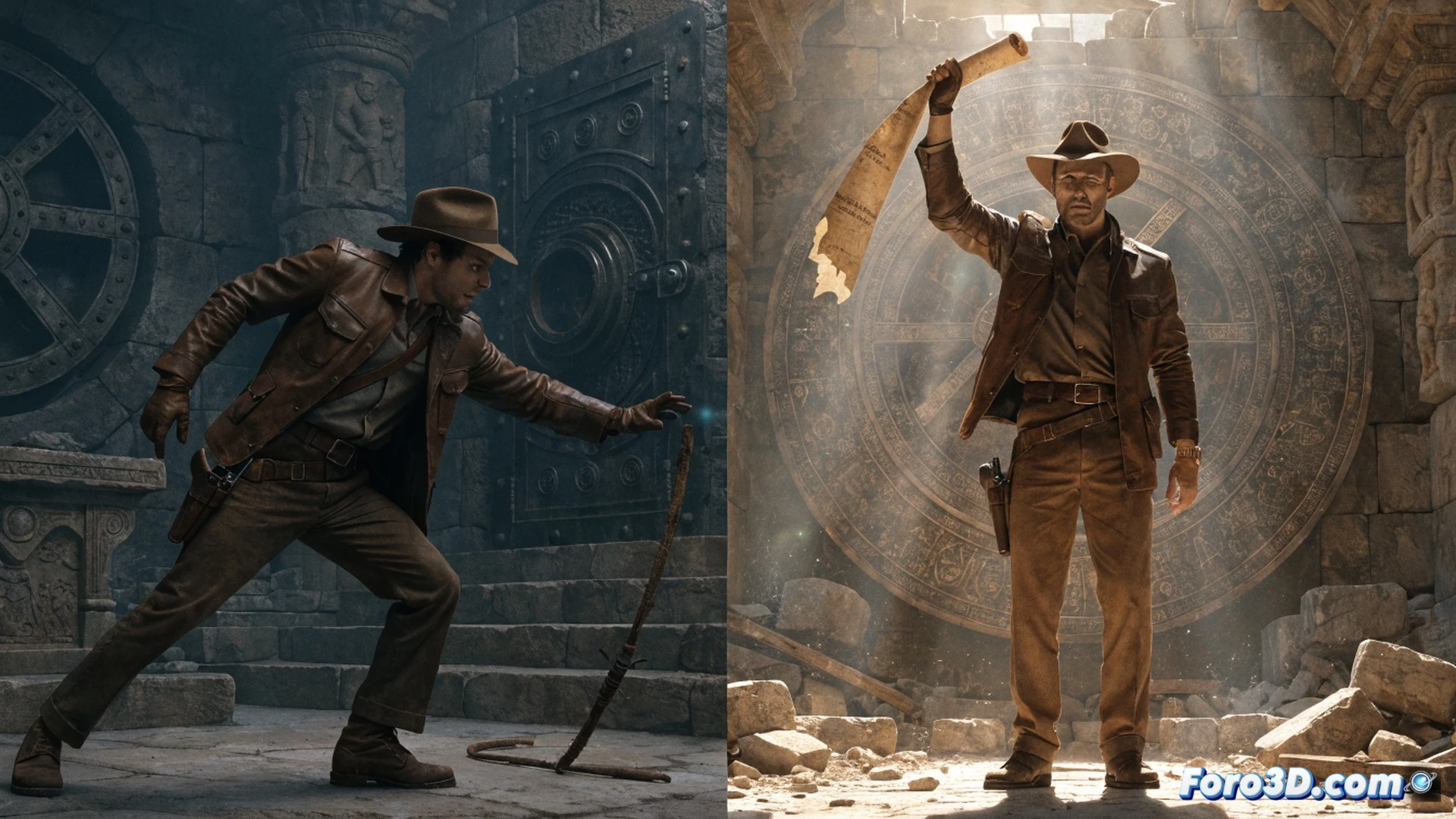 cinematic scene of a cracked whip lying abandoned on stone floor while a glowing storyboard tablet floats above it, showing three consistent narrative arcs connecting smoothly like gears, technical illustration style, warm amber light from tablet illuminating the whip, dark background with faint dust particles, photorealistic render, dramatic shadows emphasizing contrast between static prop and dynamic narrative flow, ultra-detailed leather texture on whip, tablet screen displaying connected story nodes with pulsing energy lines, action of narrative momentum overtaking iconic object, cinematic composition