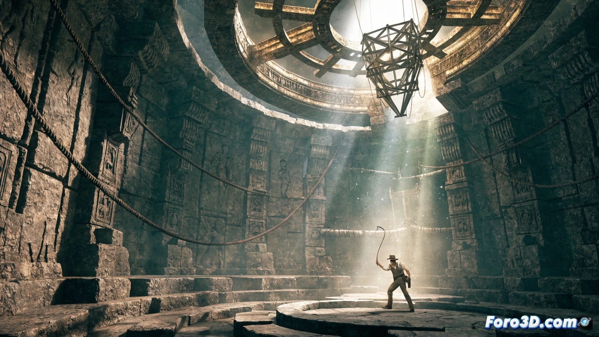 Indiana Jones silhouette exploring a sunlit ancient temple chamber, global illumination ray tracing casting dynamic shadows from stone pillars, id Tech 7 engine debug overlay showing real-time light paths bouncing off carved hieroglyphics, dusty air particles illuminated by volumetric light beams, photorealistic cinematic technical visualization, dark corners contrasted with warm golden light, detailed stone textures and worn archaeological tools on ground, motion blur on whip cracking near a pressure plate, ultra-detailed architectural geometry, dramatic atmospheric lighting