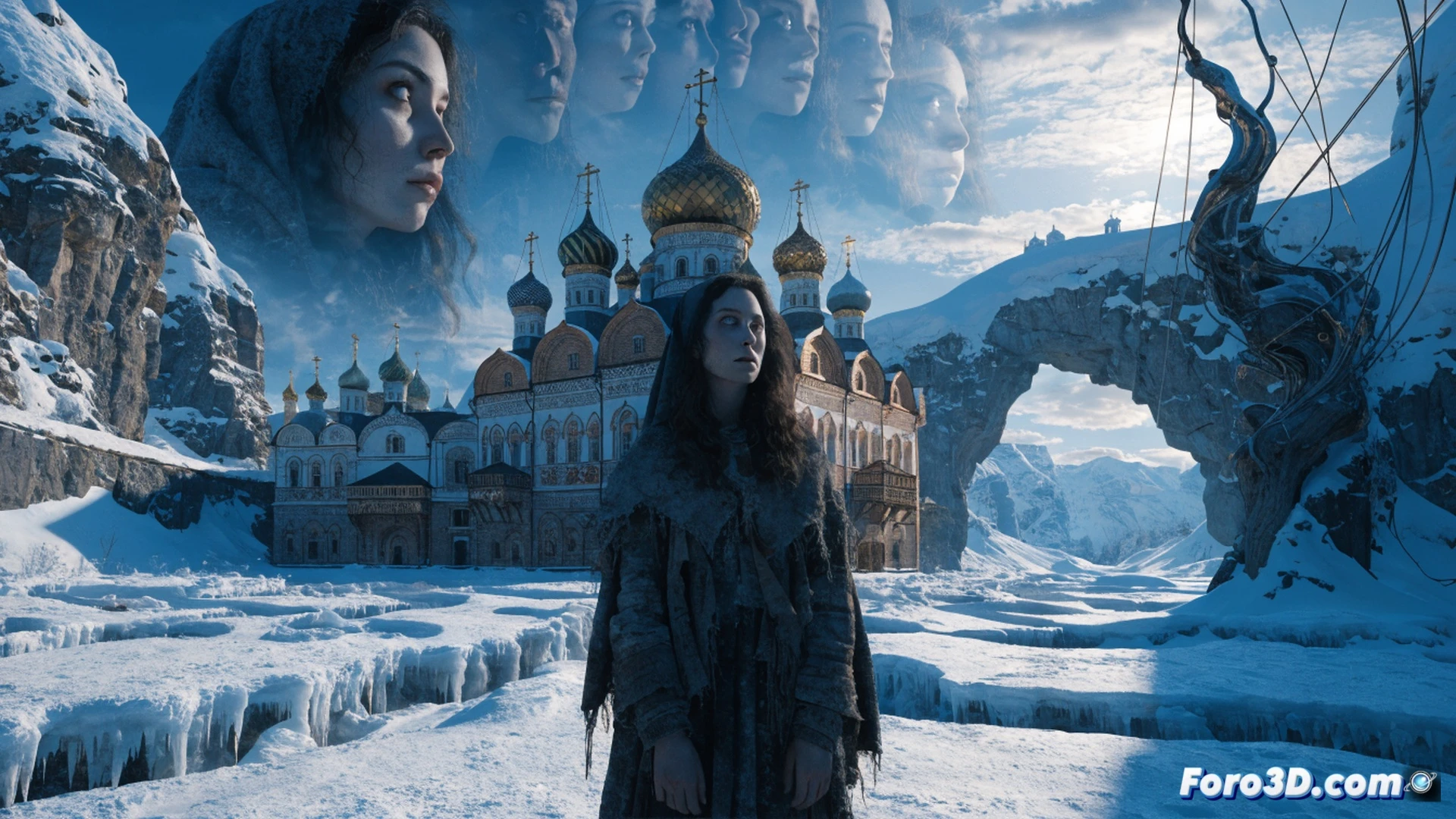 nineteenth century russian orthodox church interior, snow-covered landscape visible through distorted windows, protagonist nun walking through nave while camera lens warps and fractures reality, Unreal Engine 4 photorealistic rendering, volumetric god rays through incense smoke, iconostasis with flickering candle light, surreal visual glitches manifesting as floating religious symbols, cinematic technical visualization, high contrast between warm gold icons and cold blue exterior, dramatic chiaroscuro lighting, hyperdetailed wood carvings and frescoes, motion blur on nun's black habit, subtle chromatic aberration at frame edges